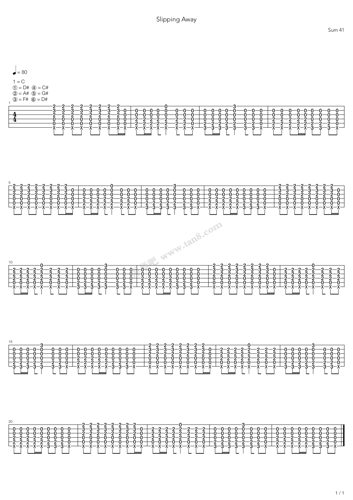 《Slipping Away》,Sum 41（六线谱 调六线吉他谱虫虫吉他谱免费下载