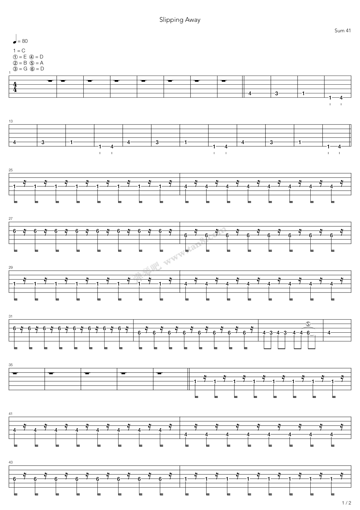 《Slipping Away》,Sum 41（六线谱 调六线吉他谱虫虫吉他谱免费下载