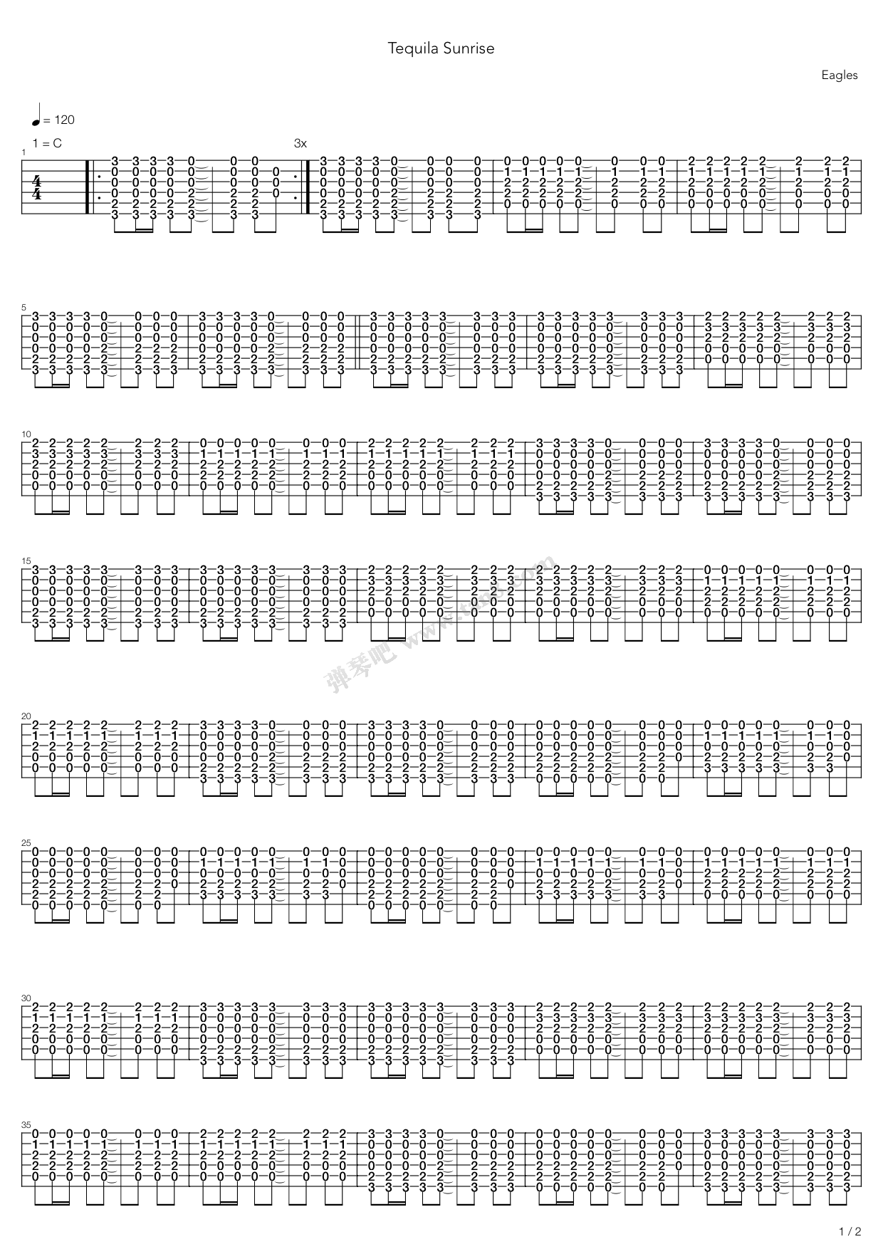 《tequila sunrise》,eagles(六线谱 吉他谱吉他谱 第1页