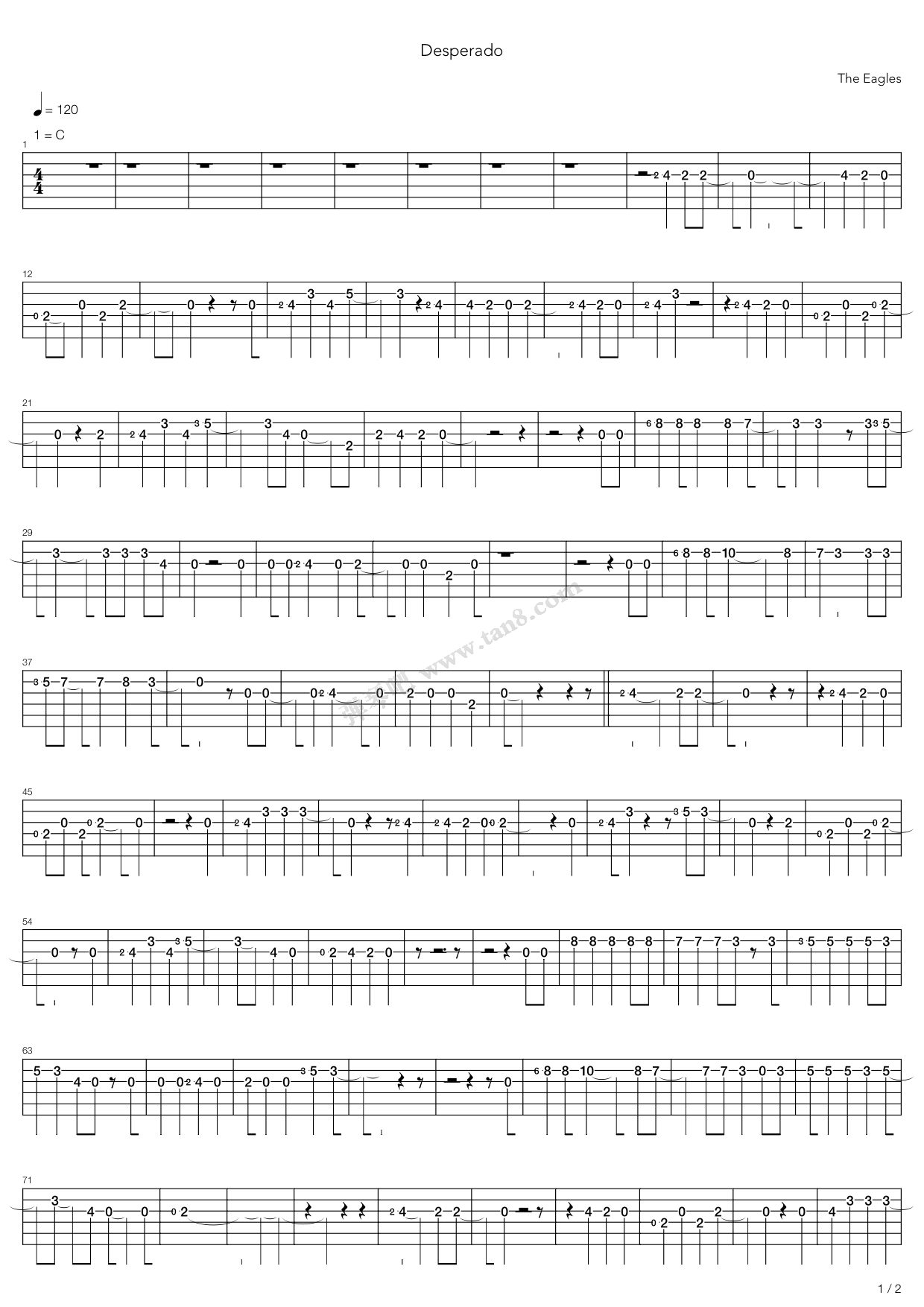 《desperado》,eagles(六线谱 吉他谱吉他谱 第1页
