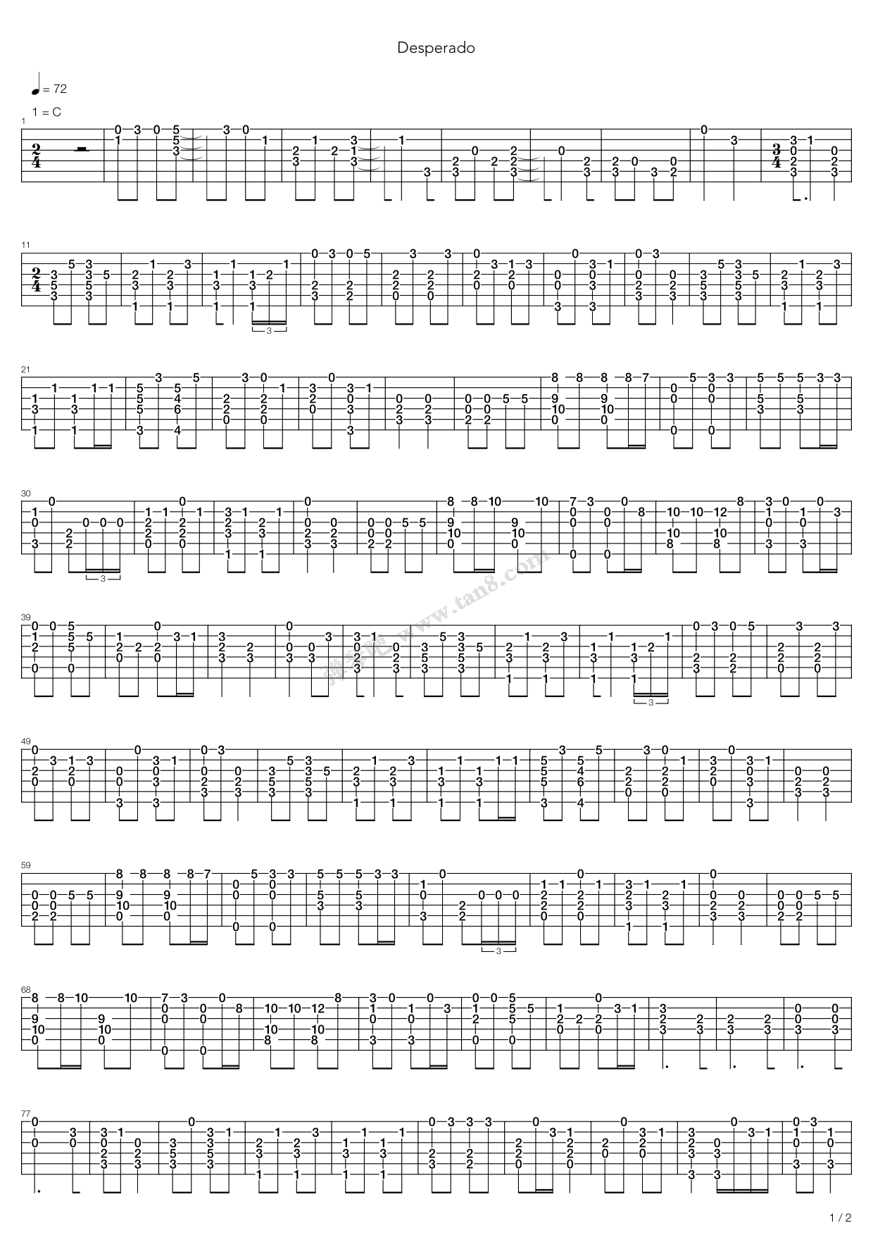 《desperado》,eagles(六线谱 吉他谱吉他谱 第1页