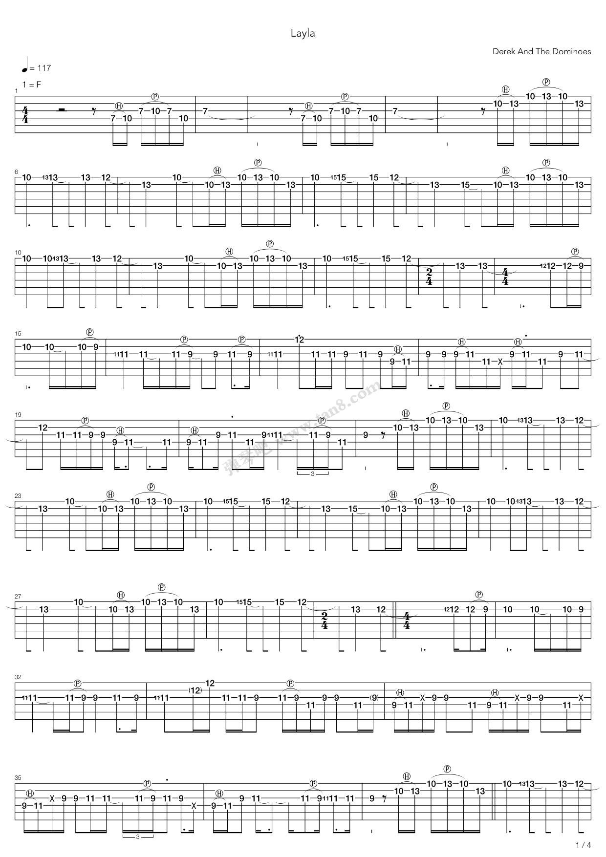 《layla》,eric clapton(六线谱 吉他谱吉他谱 第1页