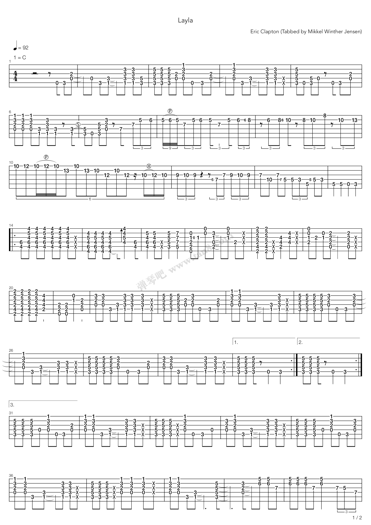 《layla》,eric clapton(六线谱 吉他谱吉他谱 第1页
