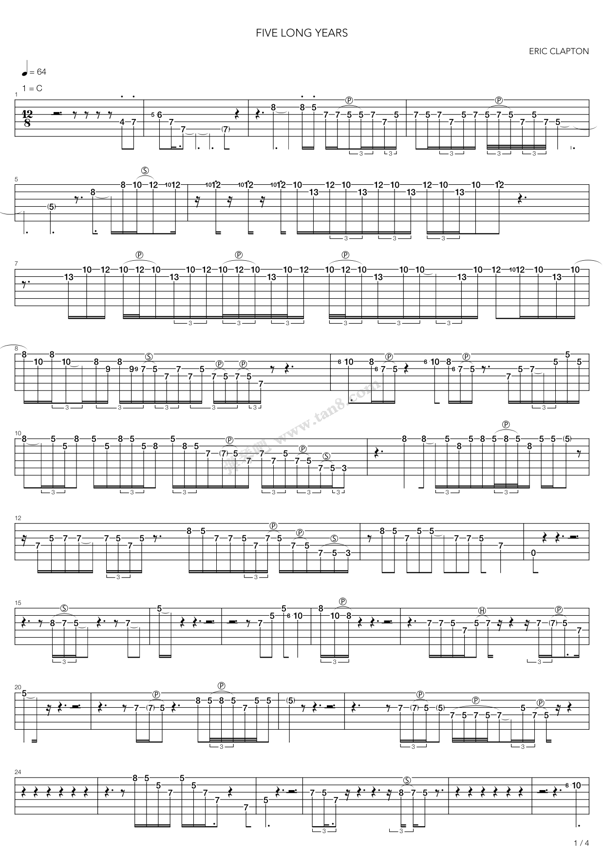 《Five Long Years》,Eric Clapton（六线谱 调六线吉他谱虫虫吉他谱免费下载