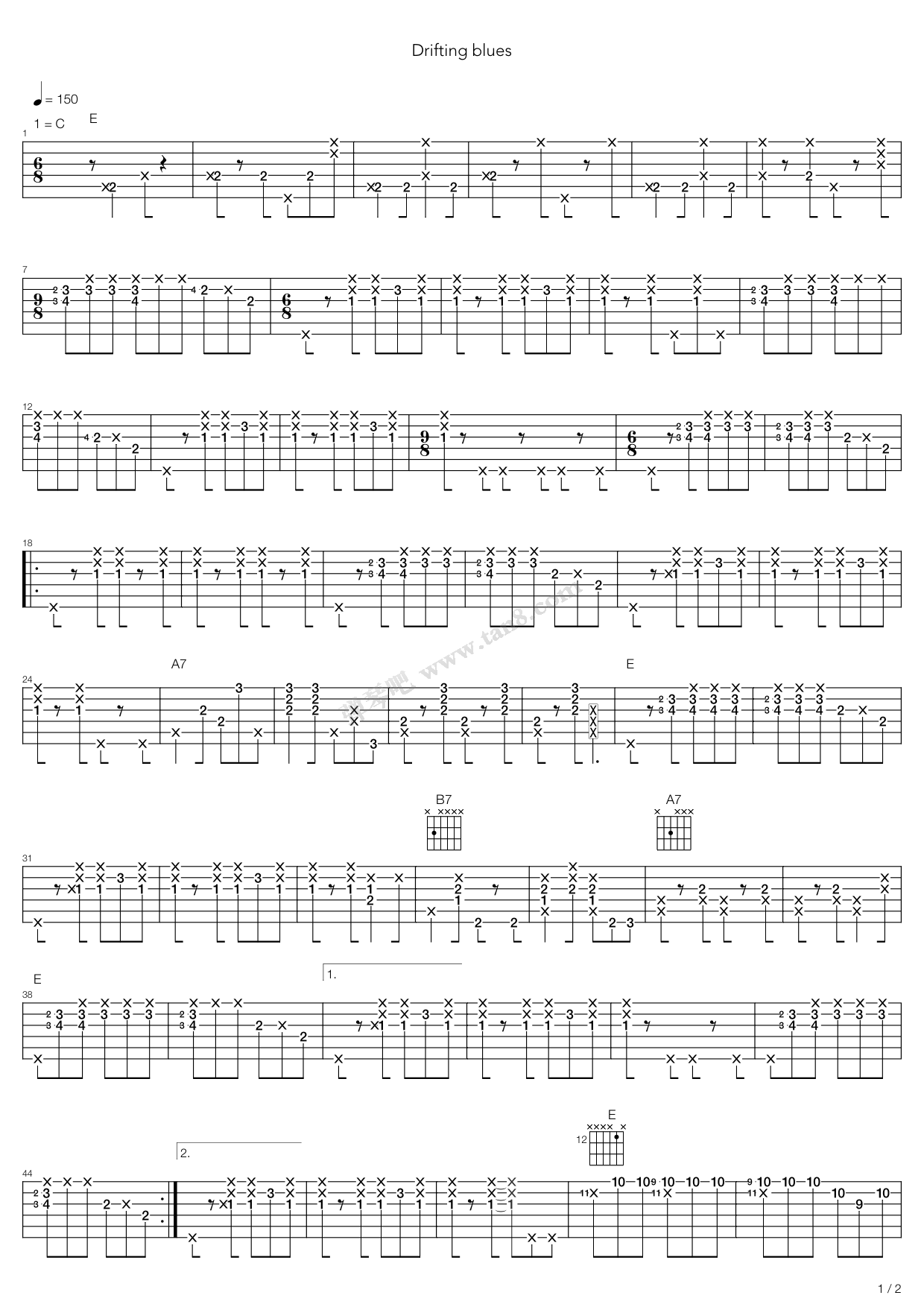 《drifting blues》,eric clapton(六线谱 吉他谱吉他谱 第1页