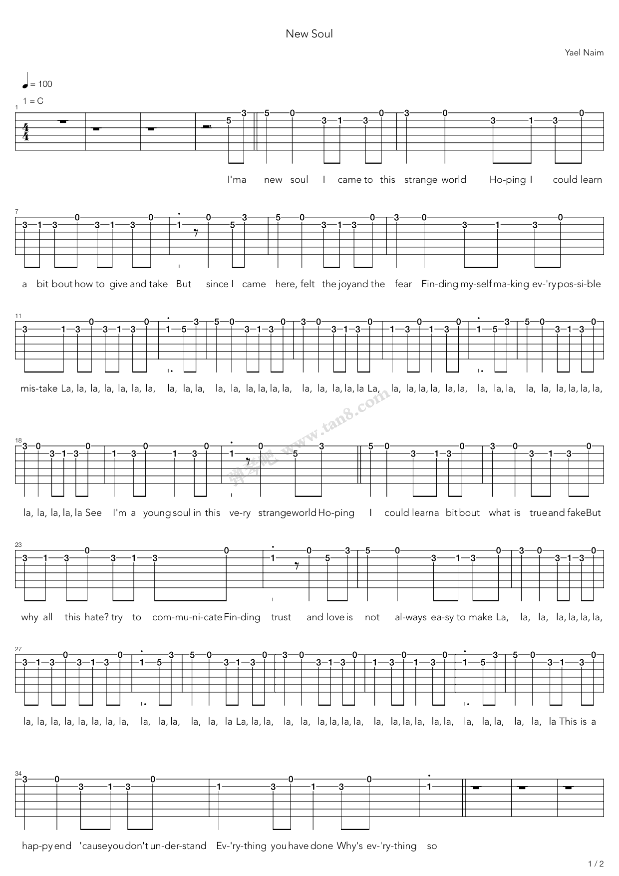《new soul》,yael naim(六线谱 吉他谱吉他谱 第1页