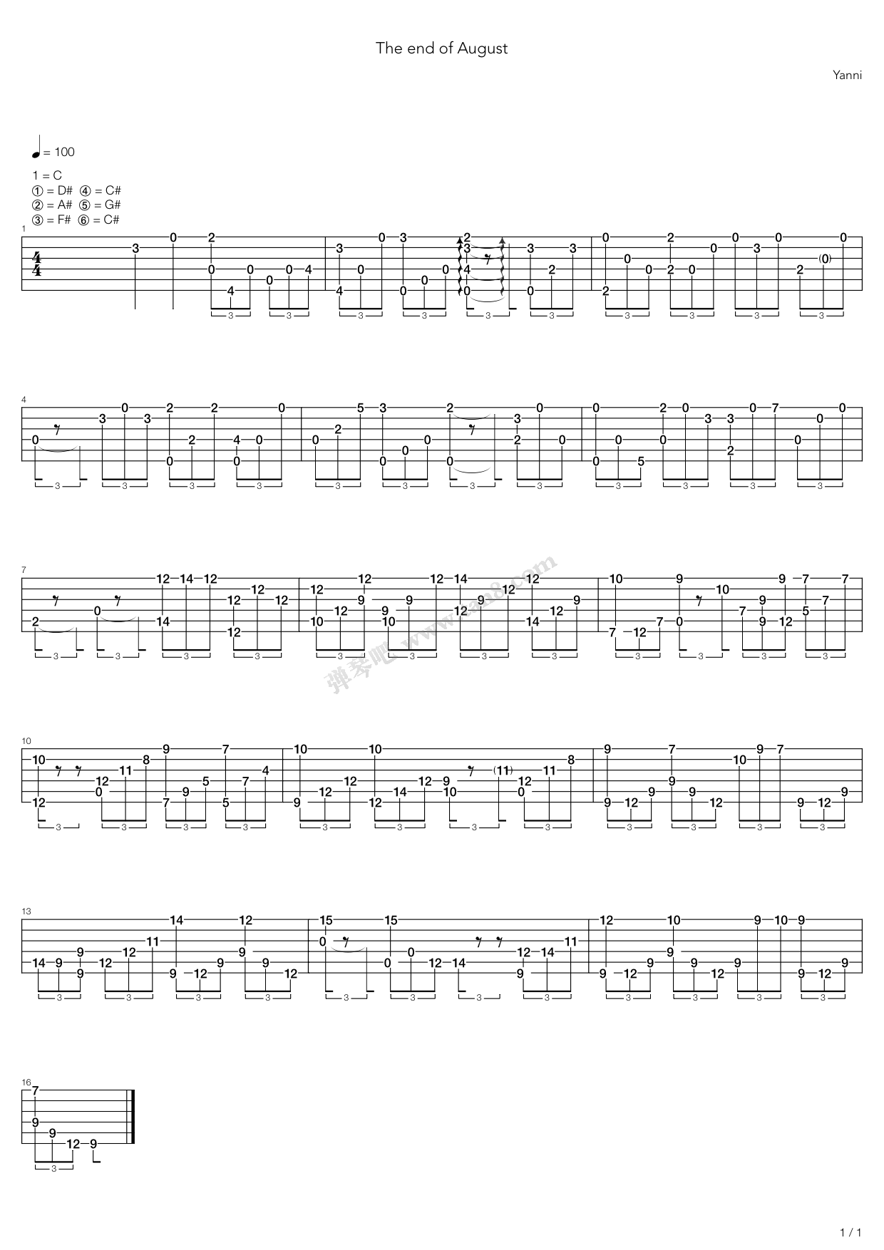 《end of august》,yanni(六线谱 吉他谱吉他谱 第1页