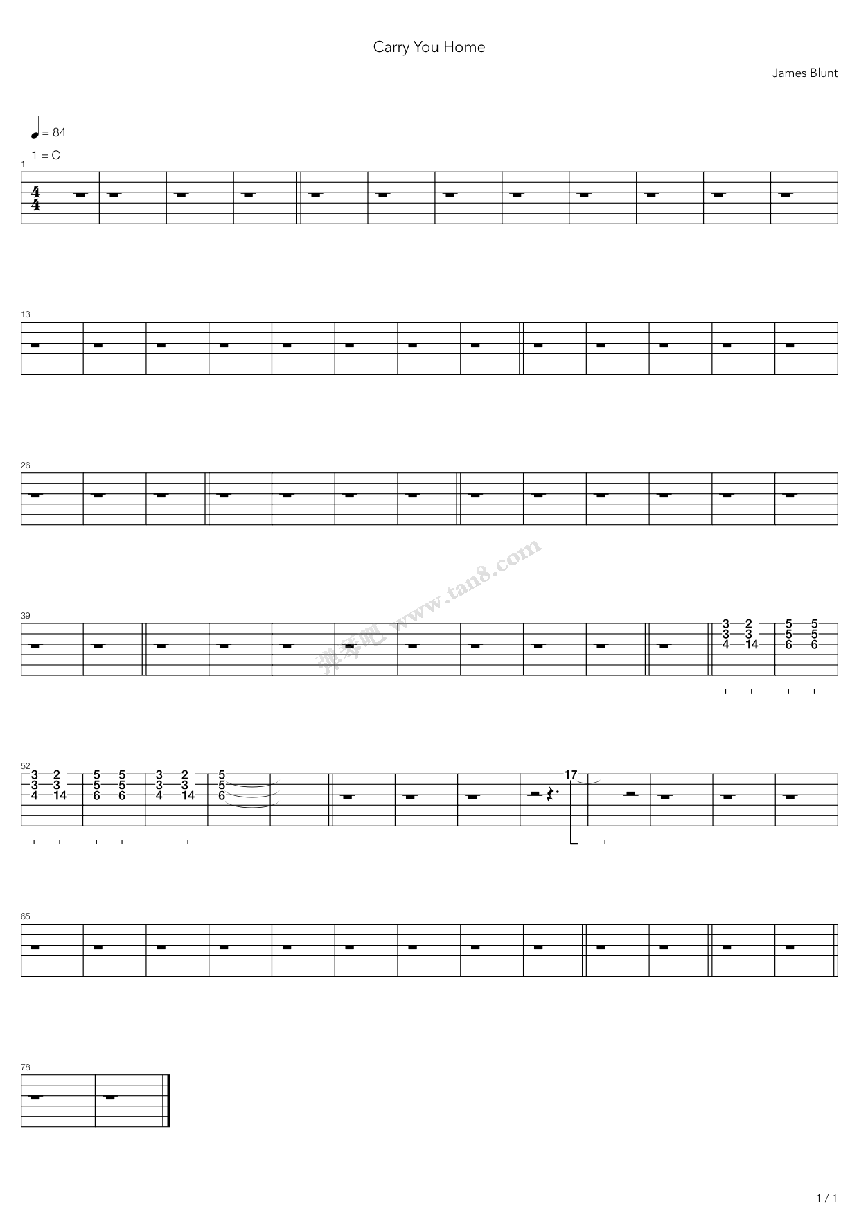 《Carry You Home》,James Blunt（六线谱 调六线吉他谱虫虫吉他谱免费下载