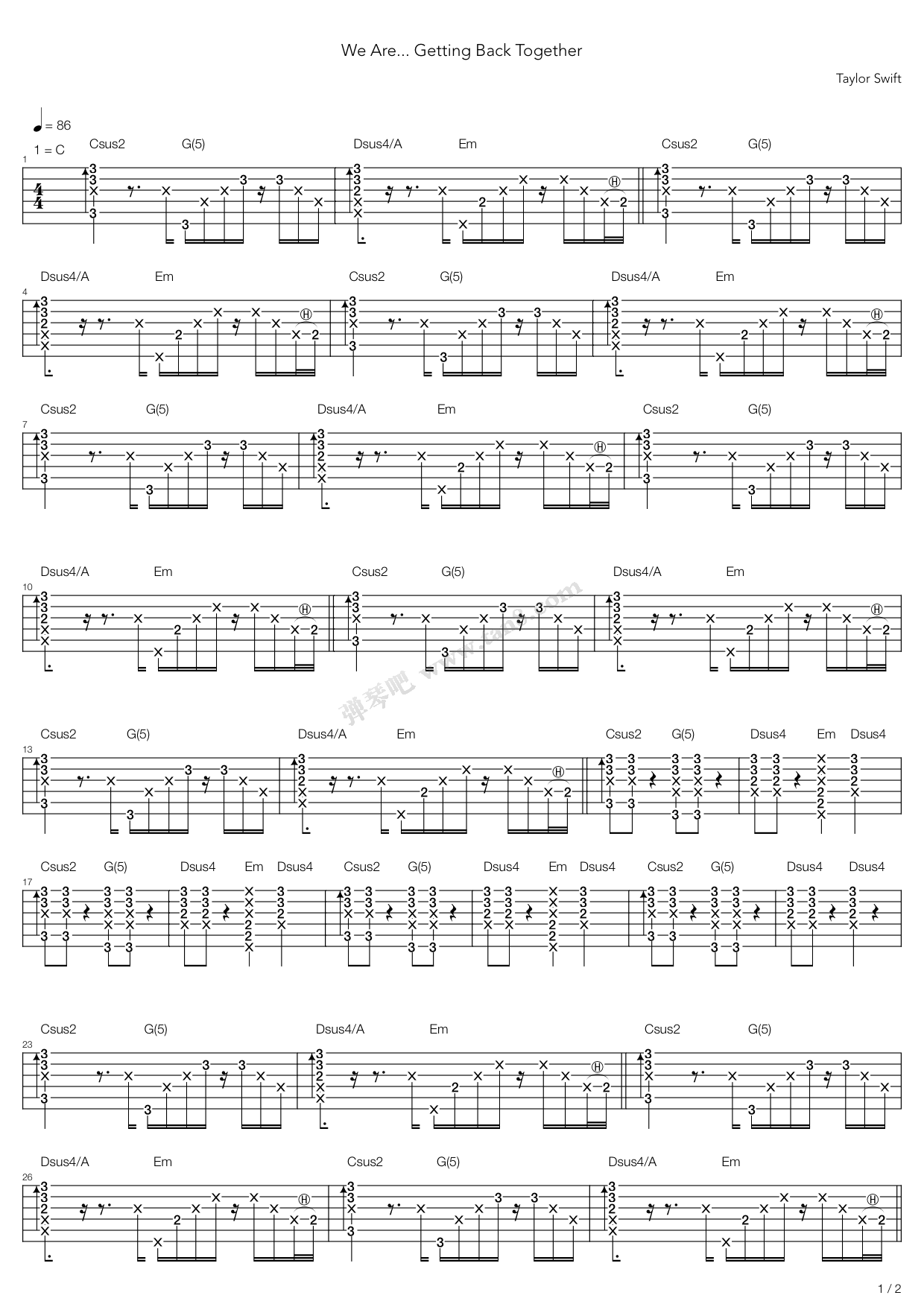 《We Are Never Ever Getting Back Together吉他谱》_Taylor Swift_吉他图片谱13张 | 吉他谱大全