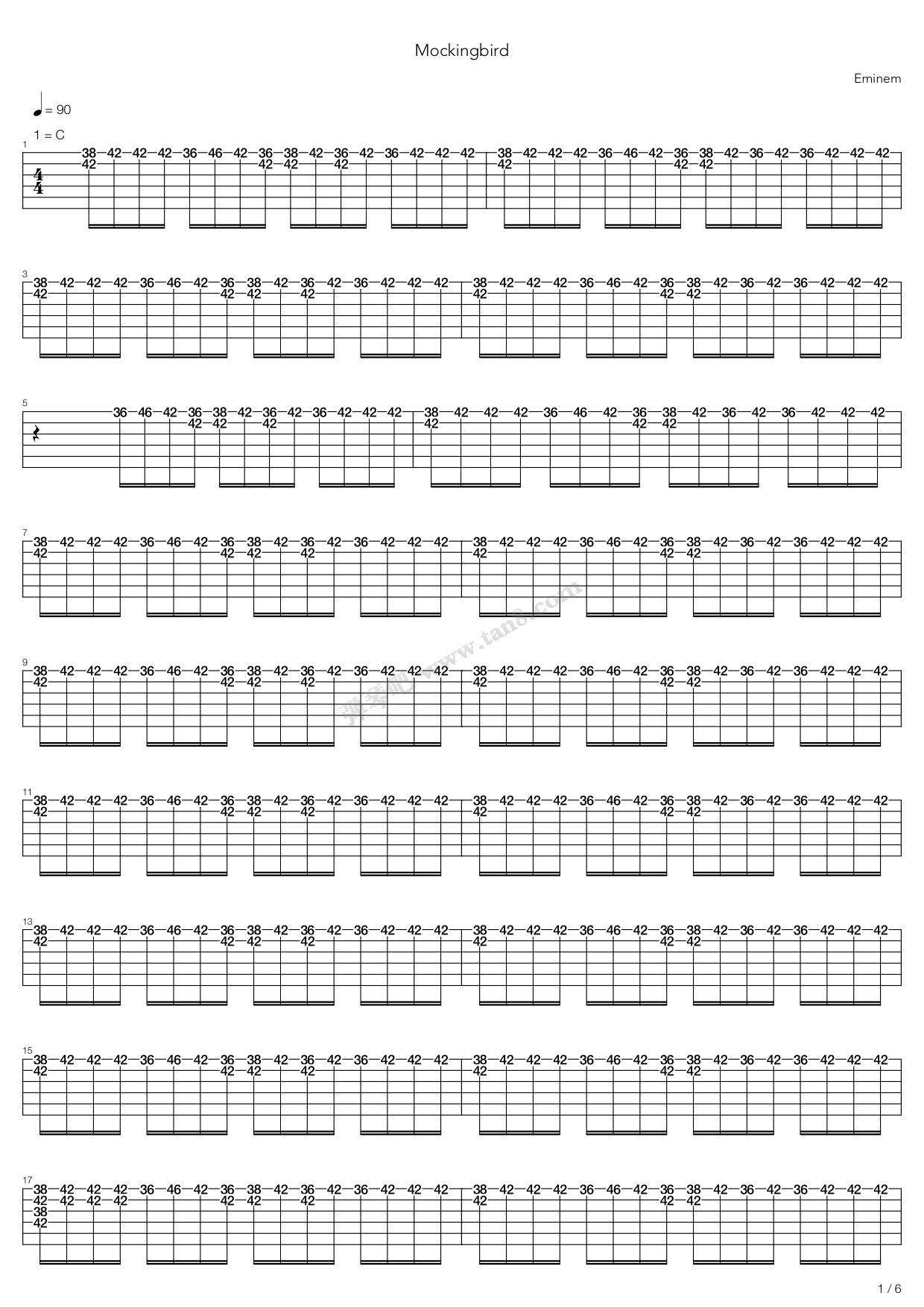 《mockingbird》,eminem(六线谱 吉他谱吉他谱 第1页