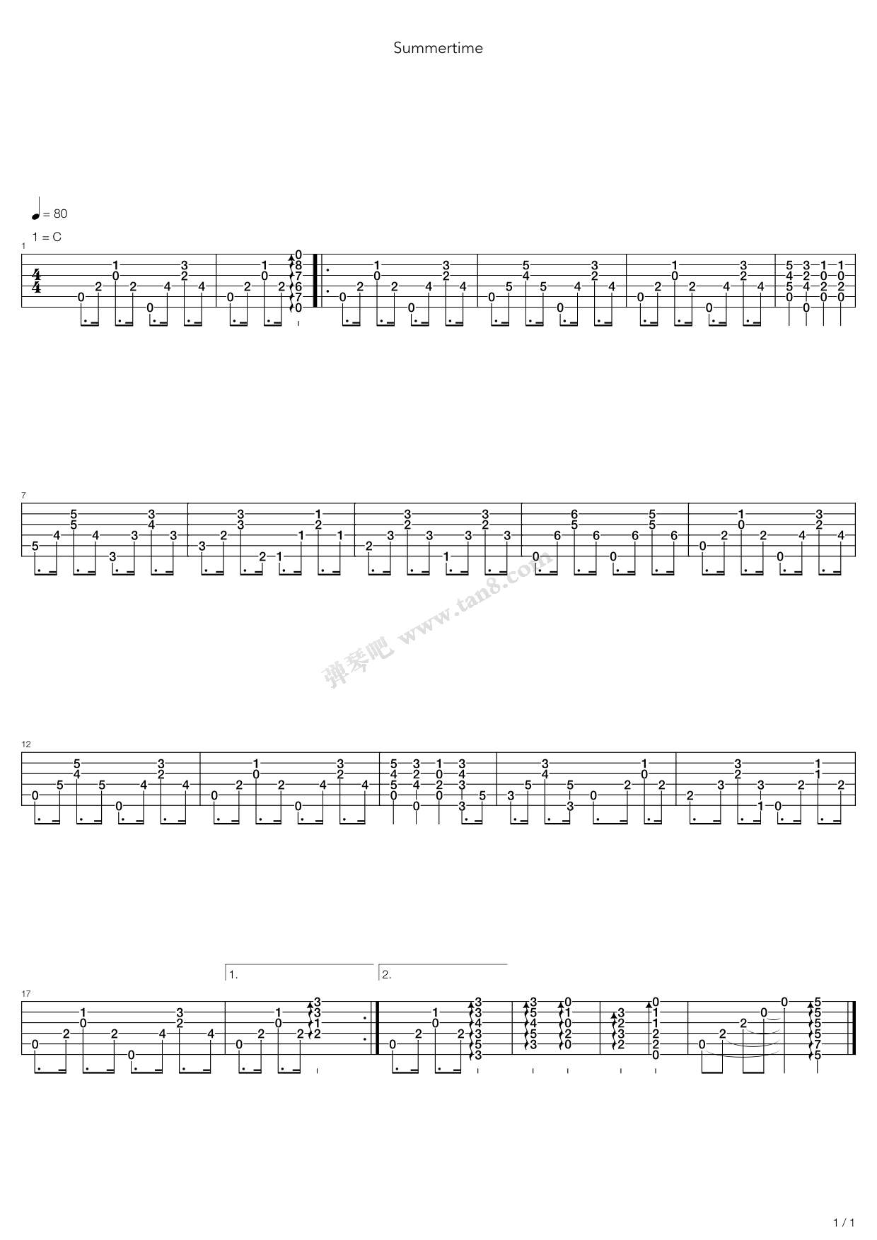 《summer time》,george gershwin(六线谱 吉他谱吉他谱 第1页