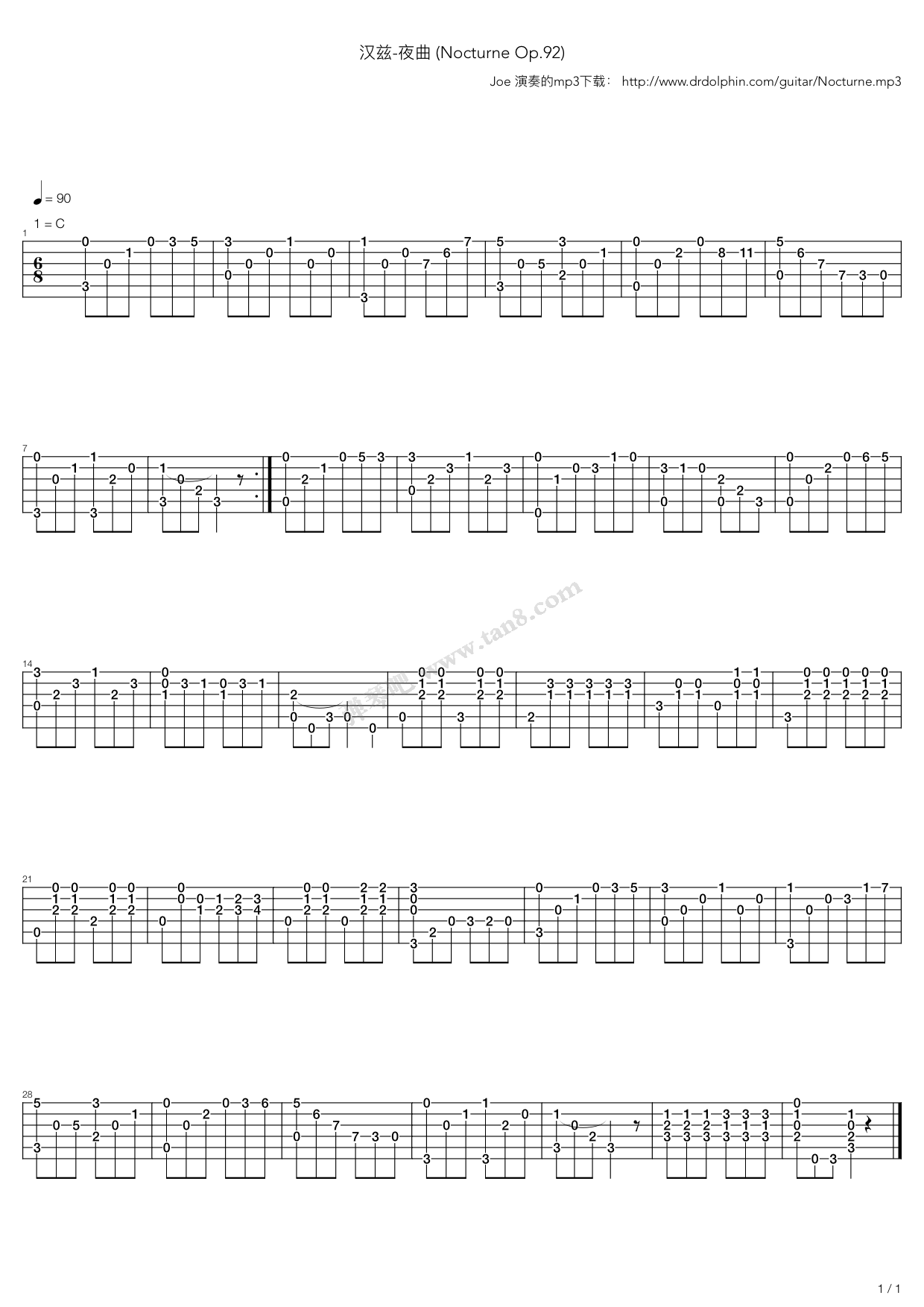 《汉兹(carl henze)-夜曲(nocturne)》,群星(六线谱 吉他谱吉他谱 第1