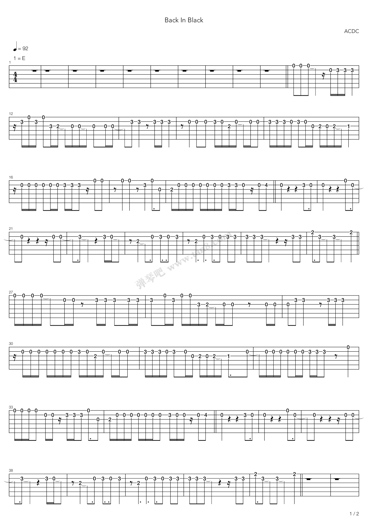 《back in black》,ac/dc(六线谱 吉他谱吉他谱 第1页