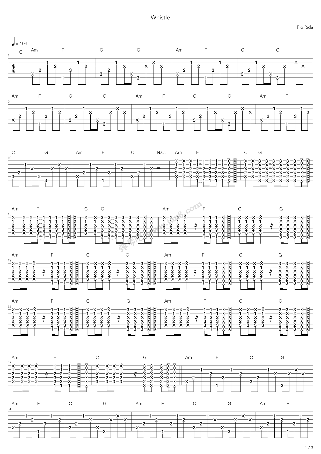 《whistle》,flo rida(六线谱 吉他谱吉他谱 第1页