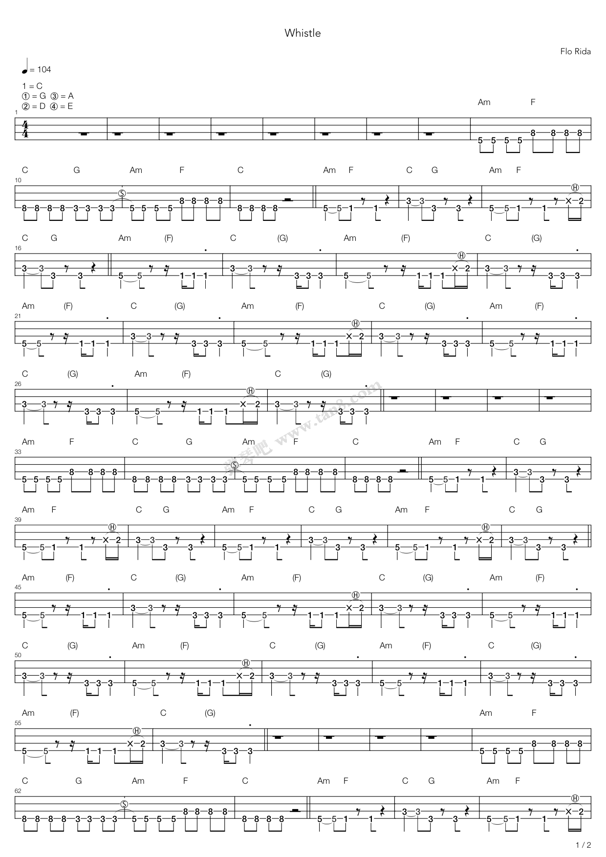 《whistle》,flo rida(六线谱 吉他谱吉他谱 第6页