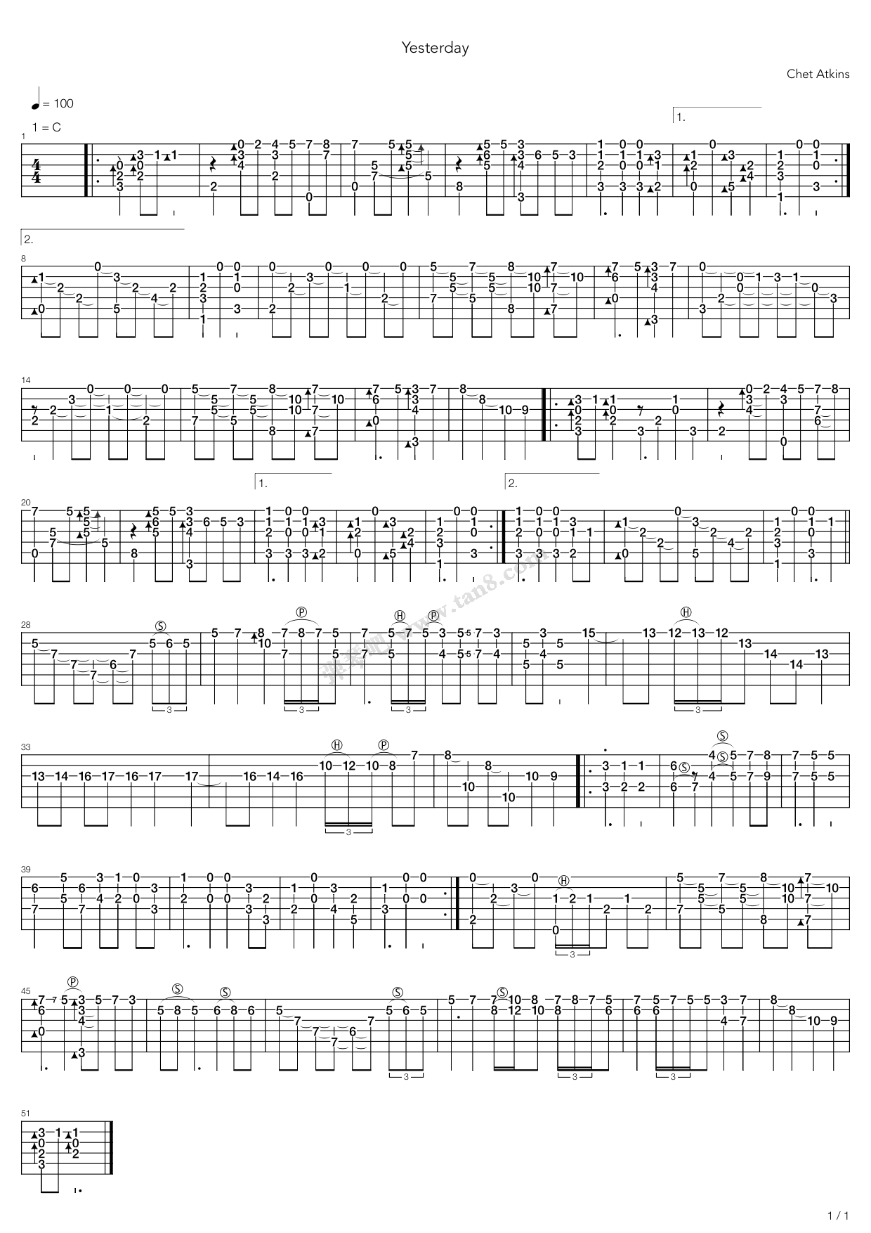 《yesterday》,chet atkins(六线谱 吉他谱吉他谱 第1页
