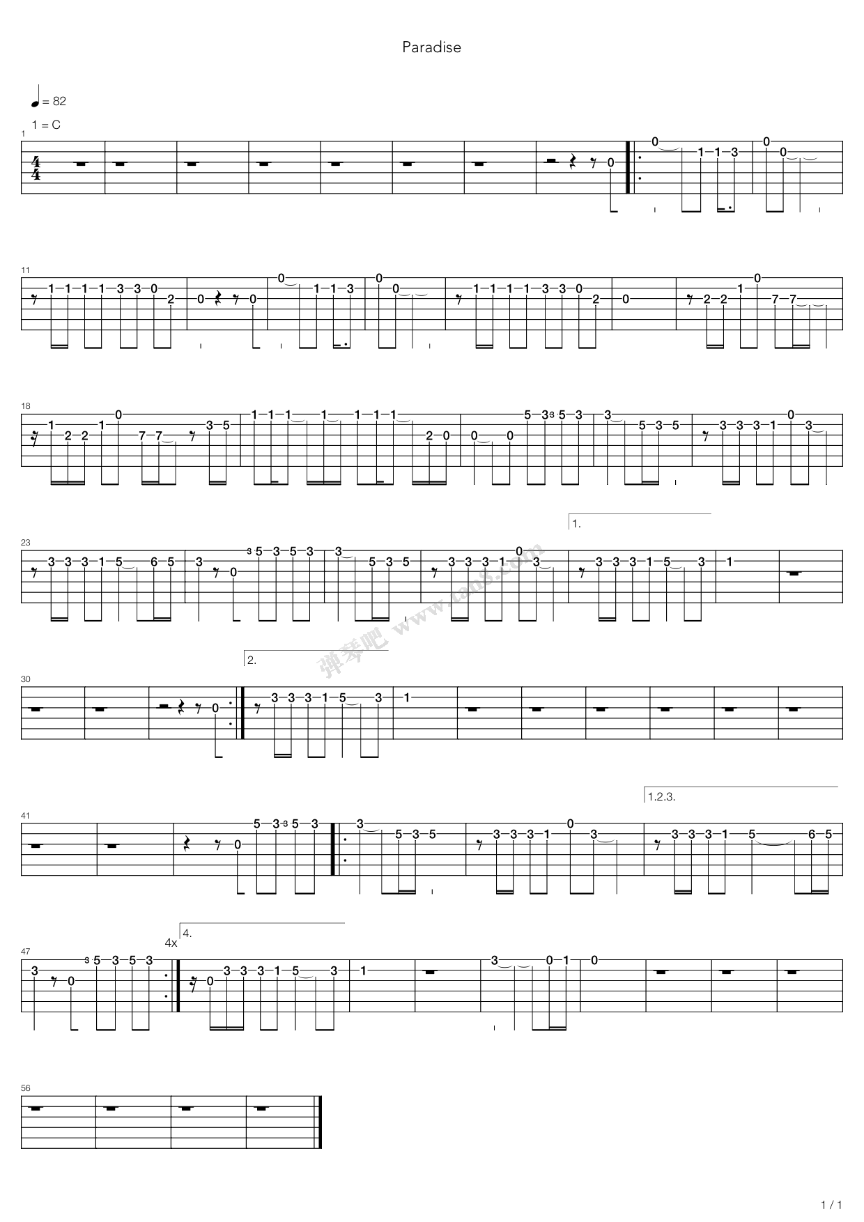 《paradise》,beyond(六线谱 吉他谱吉他谱 第1页