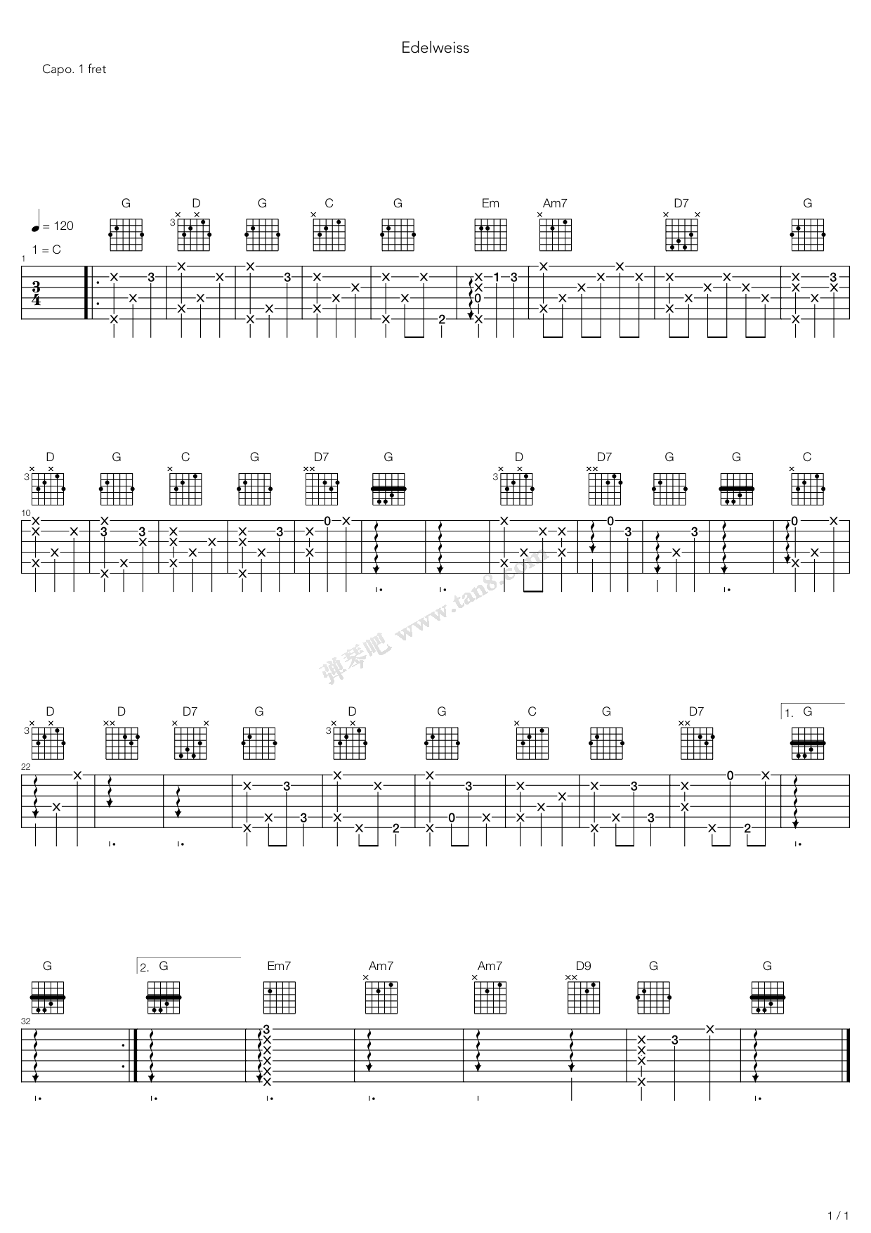 《音乐之声 - 雪绒花(edelwiss)》,原声带(六线谱 吉他谱吉他谱 第1页