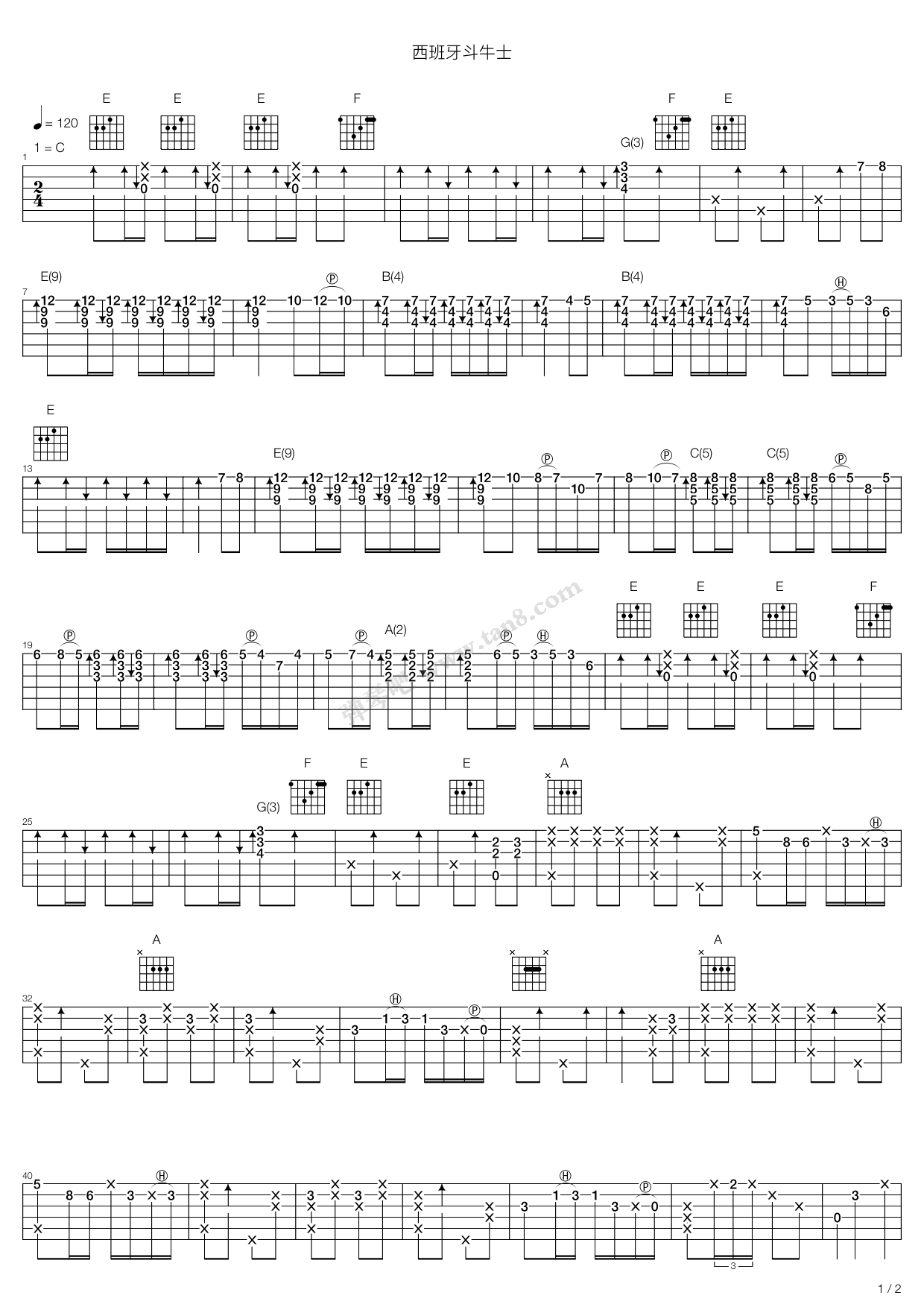 《西班牙斗牛士》,玛奎纳(pascual marquina narro)(六线谱 吉他谱