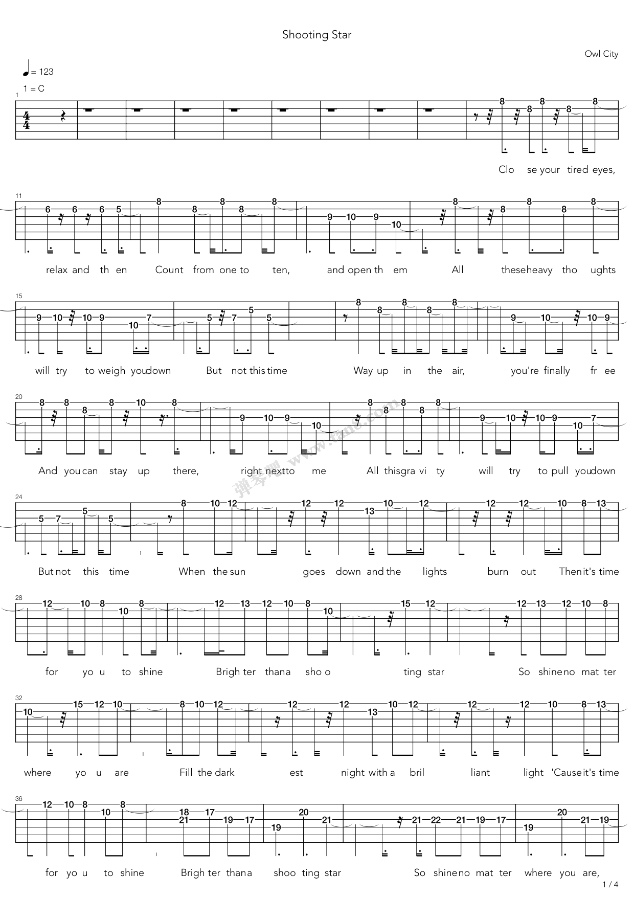 《shooting star》,owl city(六线谱 吉他谱吉他谱 第1页