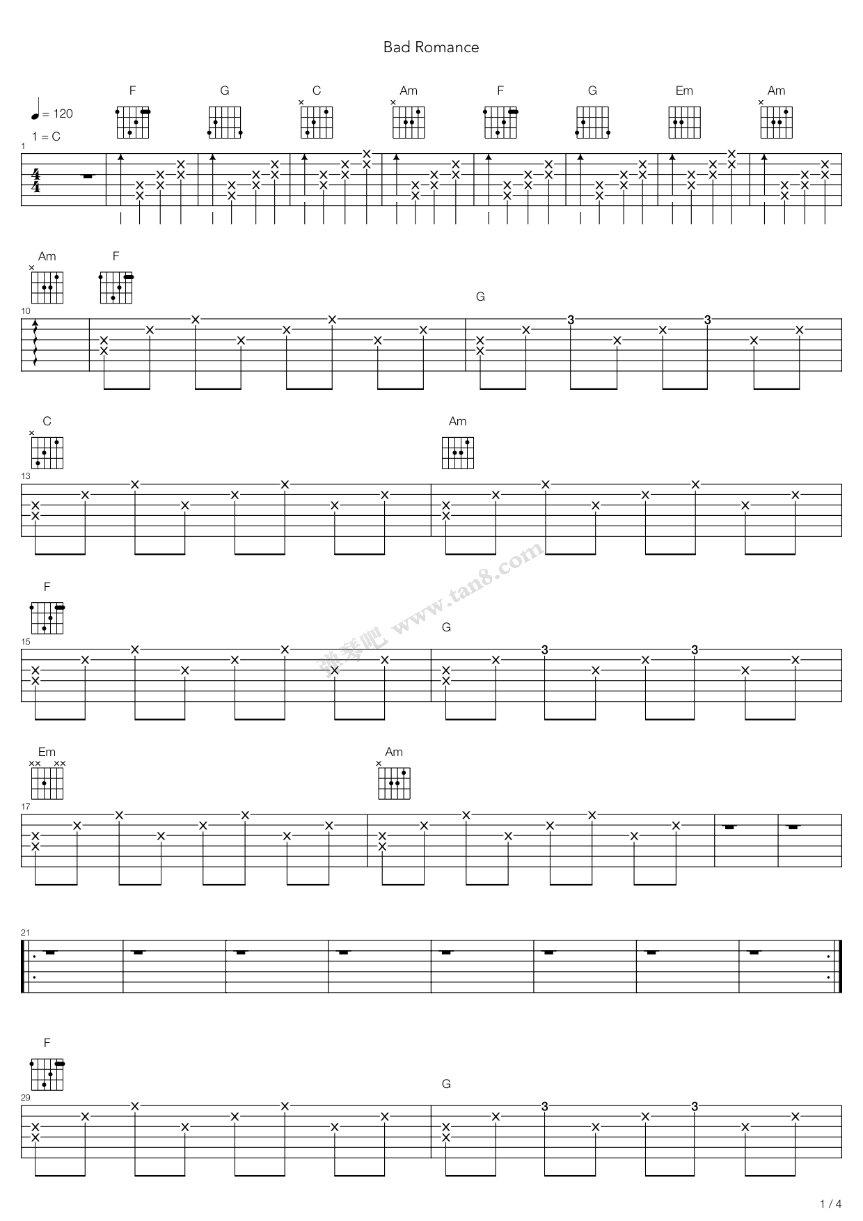 《bad romance》,lady gaga(六线谱 吉他谱吉他谱 第1页