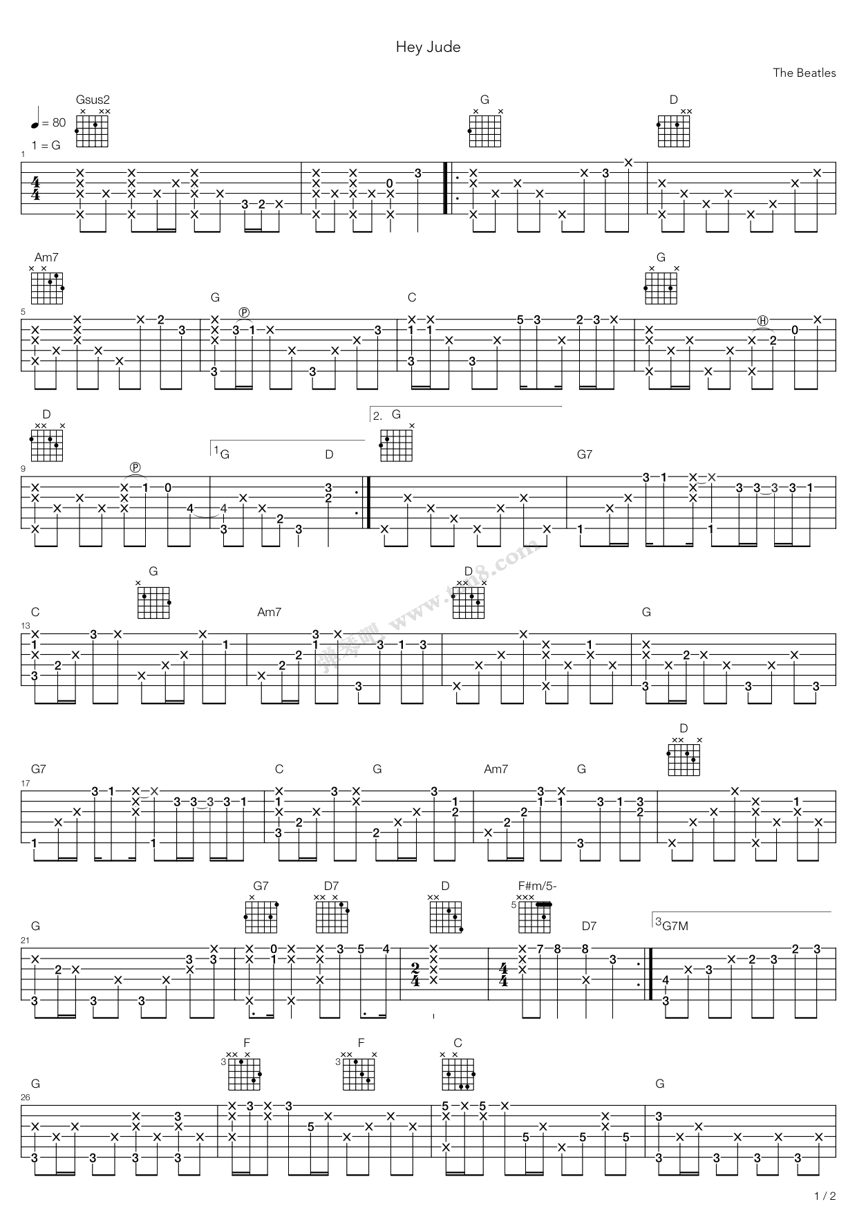 《hey jude (指弹)》,the beatles(六线谱 吉他谱吉他谱 第1页