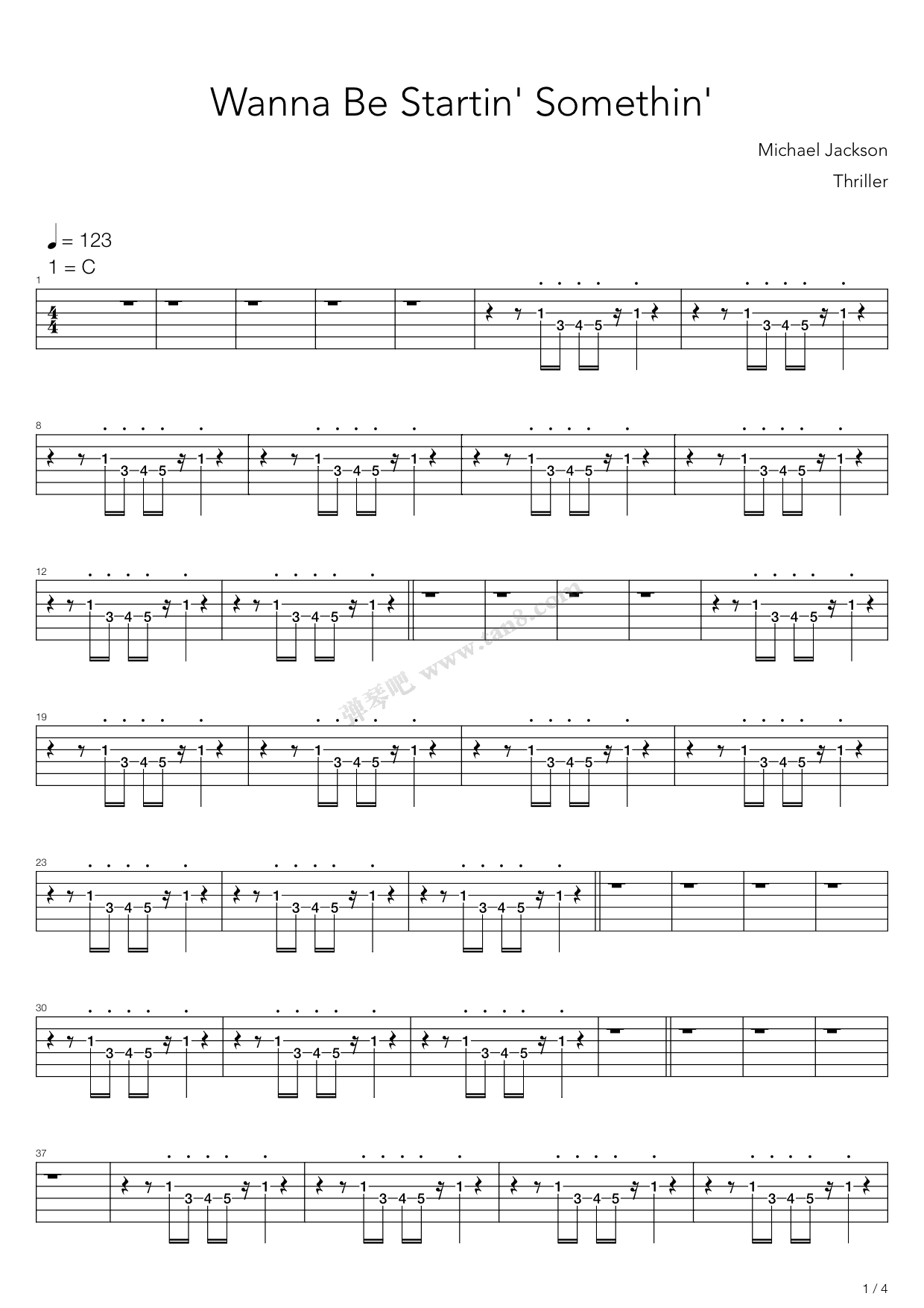 《wanna be startin somethin》,michael jackson(六线谱 吉他谱吉他