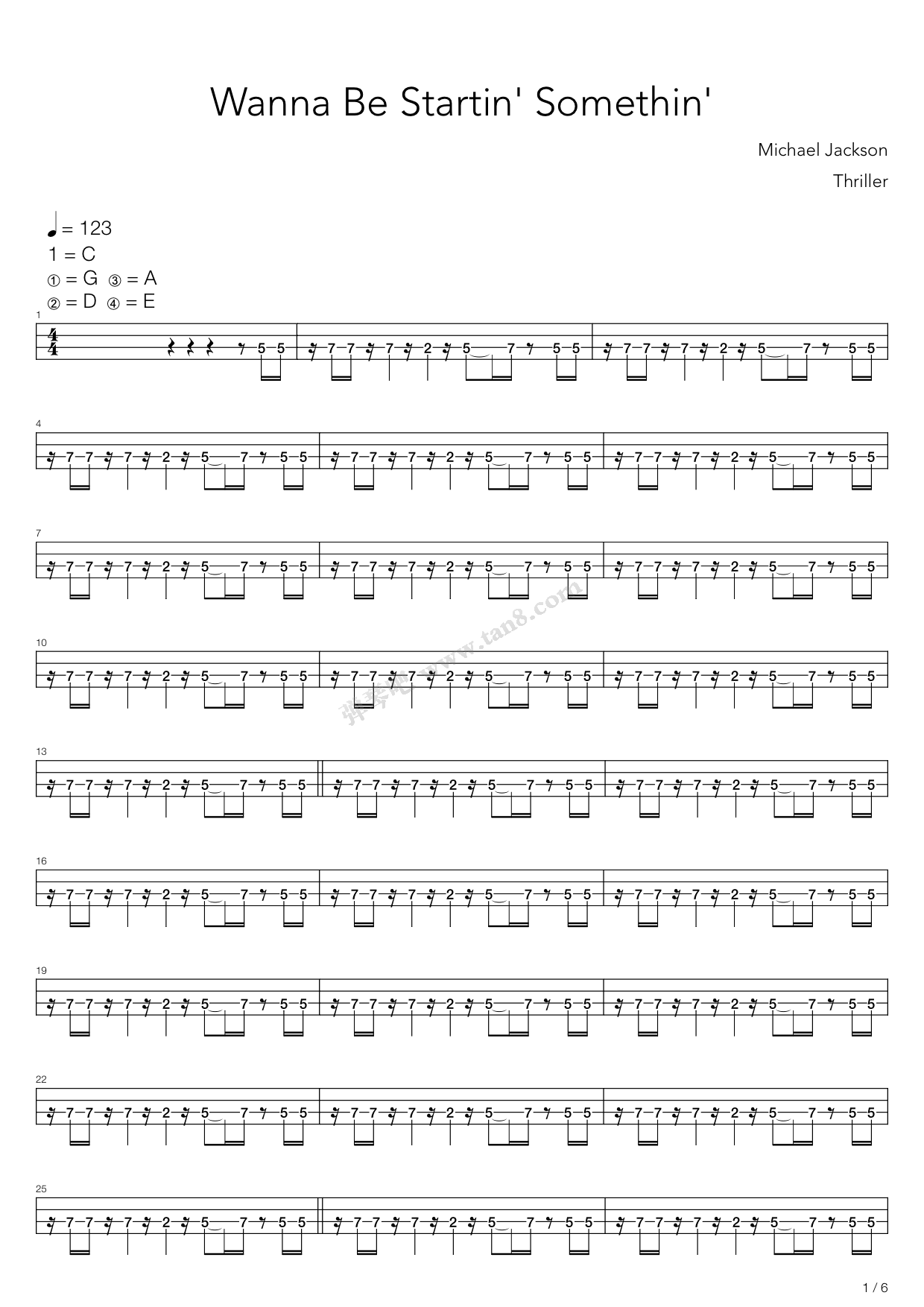 《wanna be startin somethin》,michael jackson(六线谱 吉他谱吉他