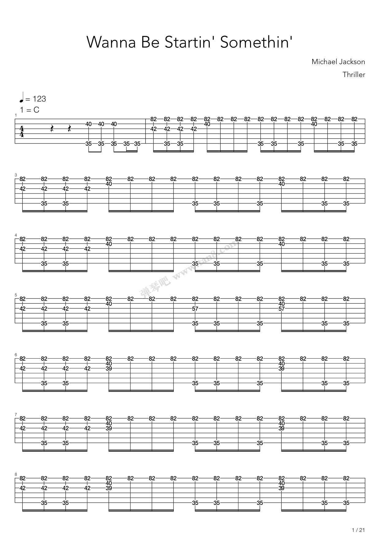 《wanna be startin somethin》,michael jackson(六线谱 吉他谱吉他