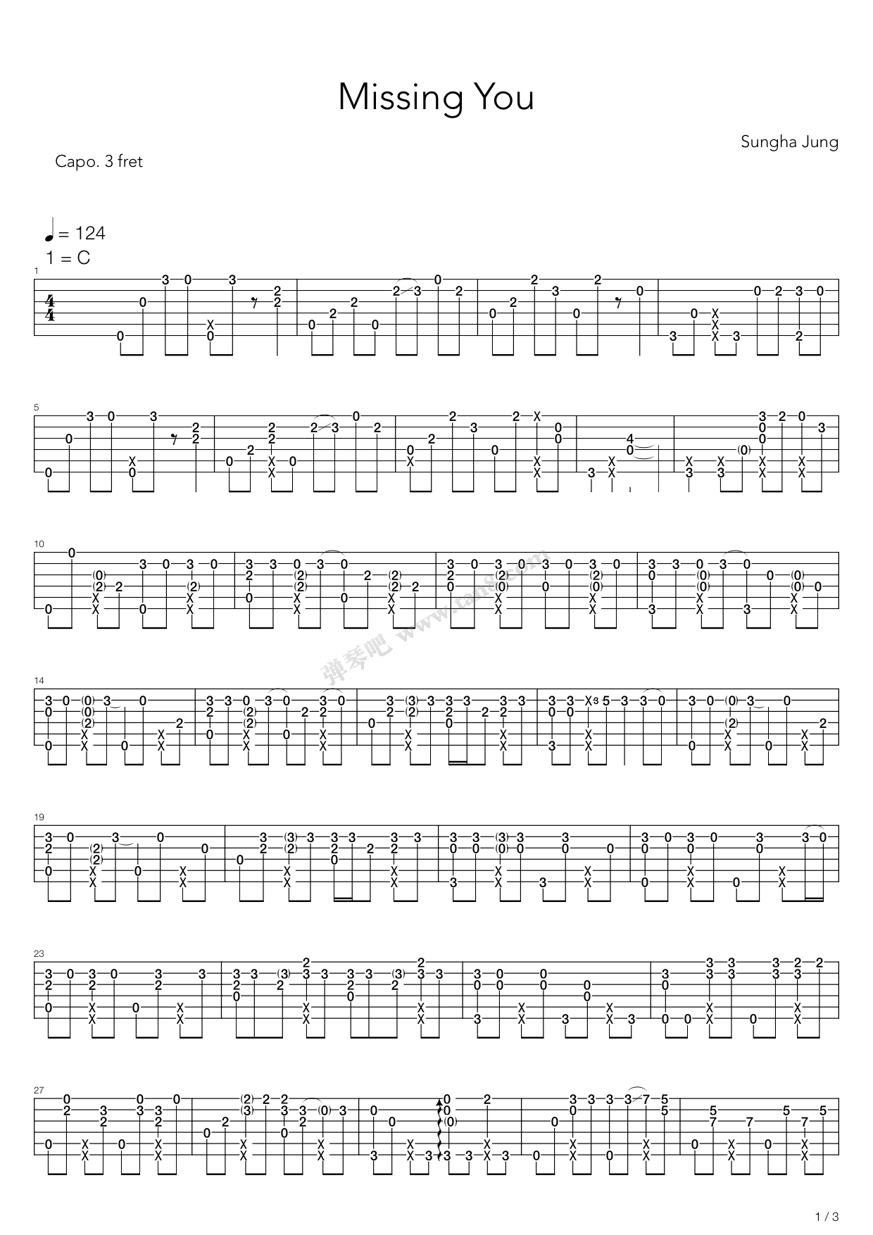 《missing you(指弹版,郑成河)》,郑成河(六线谱 吉他谱吉他谱 第1页