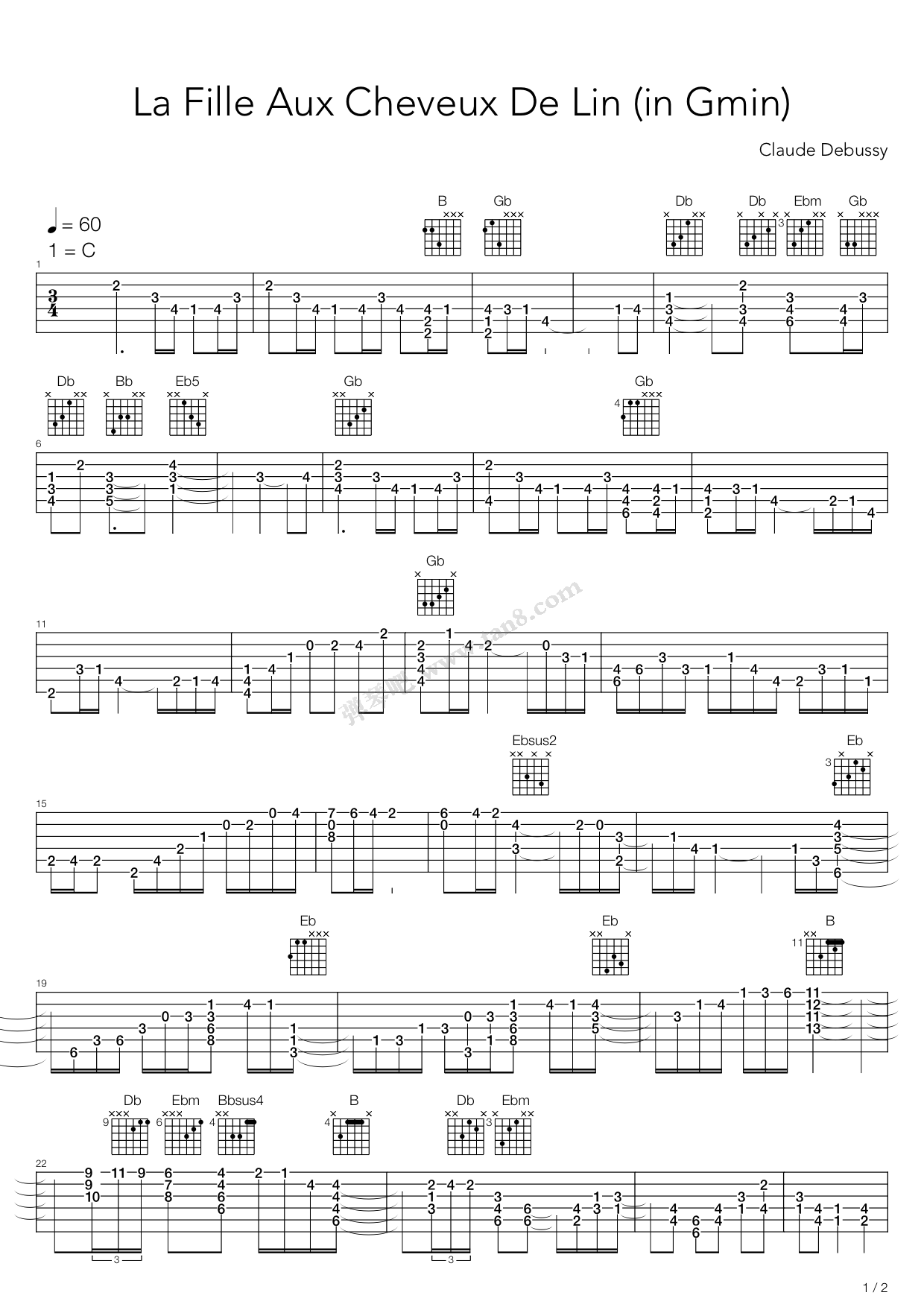 《亚麻色头发的少女》,claude debussy(六线谱 吉他谱吉他谱 第1页