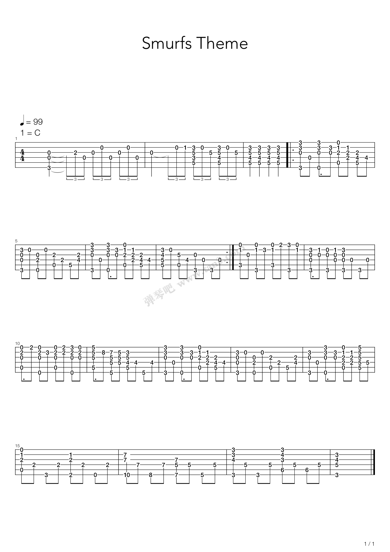 《smurfs theme(蓝精灵)》,动漫游戏(六线谱 吉他谱吉他谱 第1页