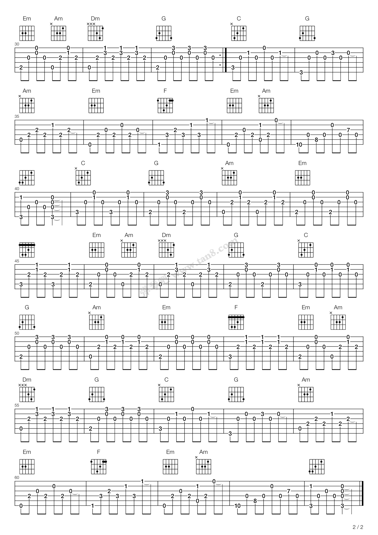 《不知不觉》,小贱(六线谱 吉他谱吉他谱 第2页