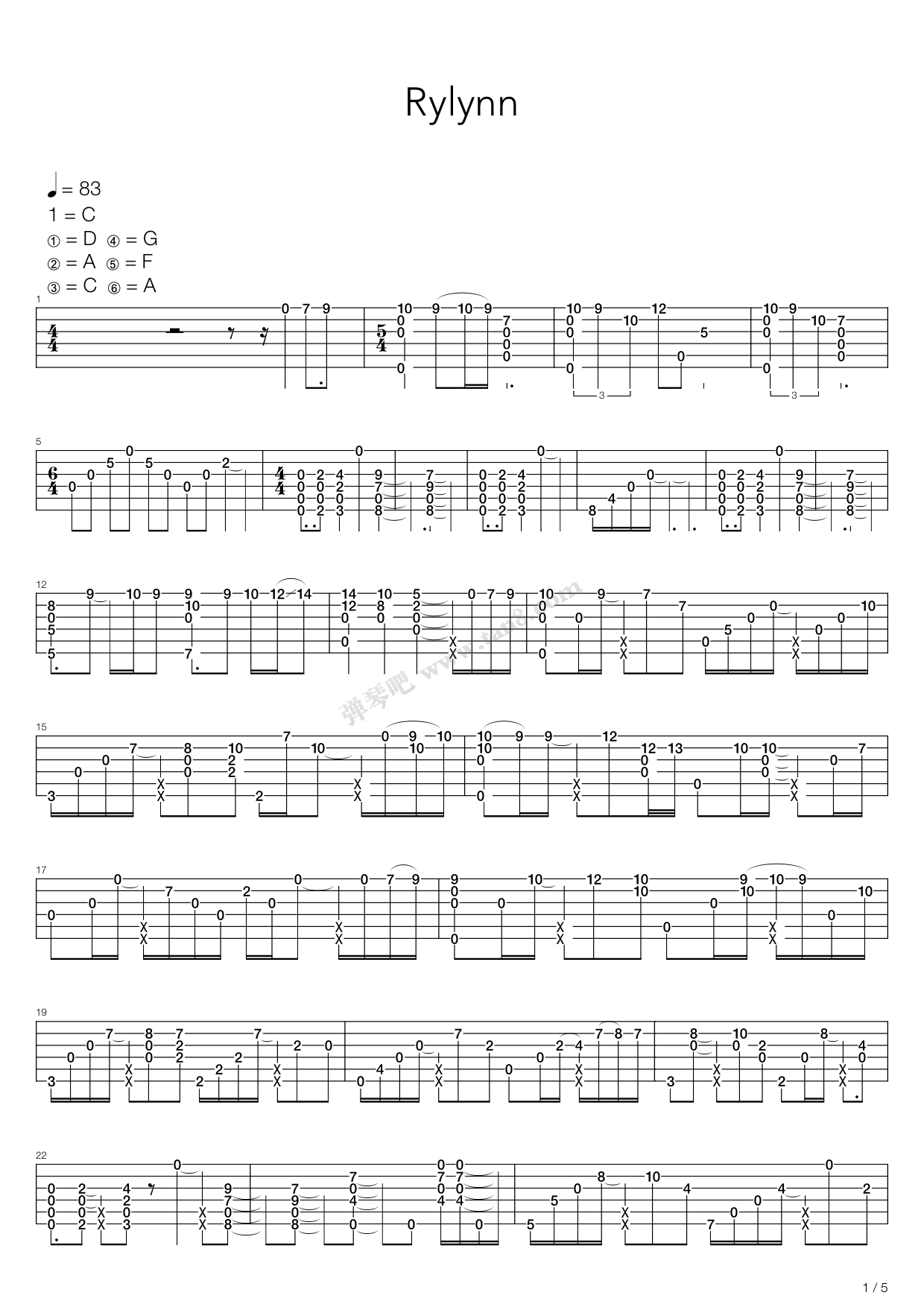 《rylynn》,andy mckee(六线谱 吉他谱吉他谱 第1页