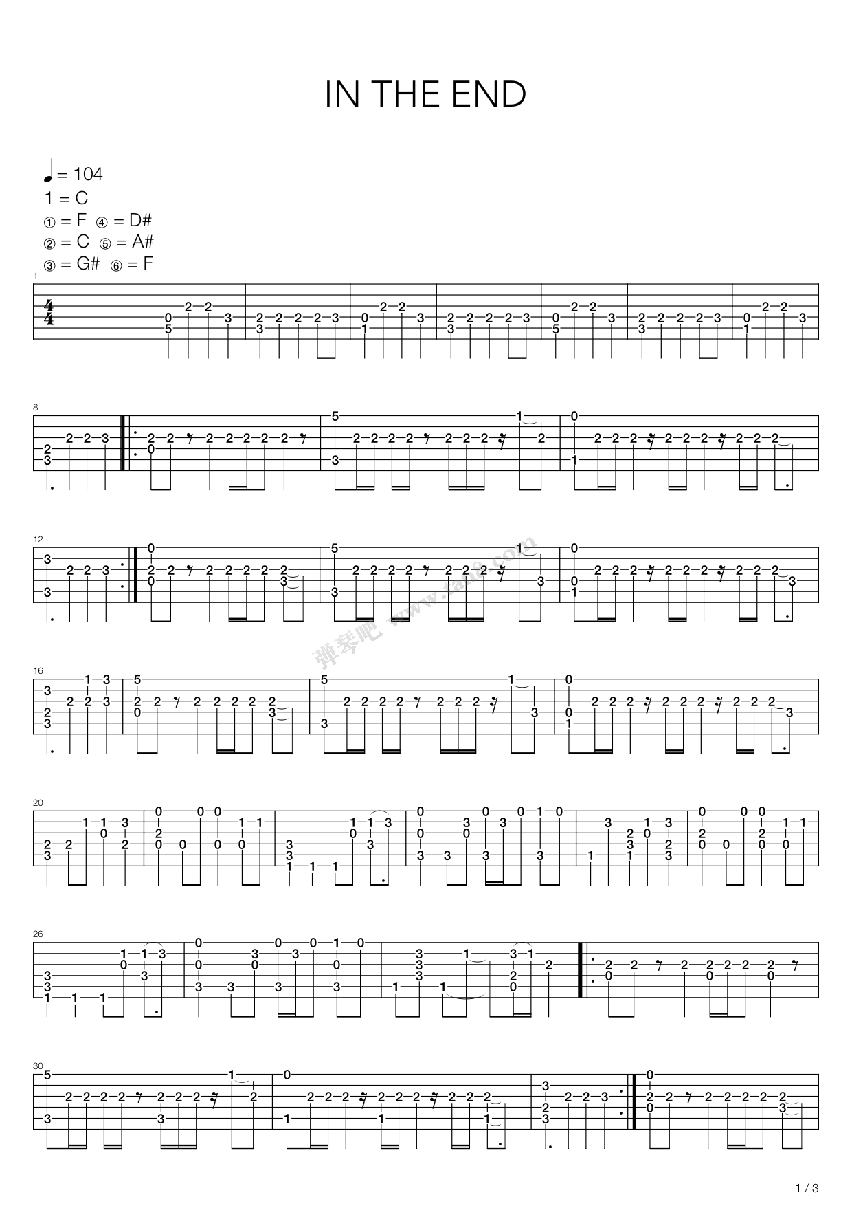 《in the end》,linkin park(六线谱 吉他谱吉他谱 第1页