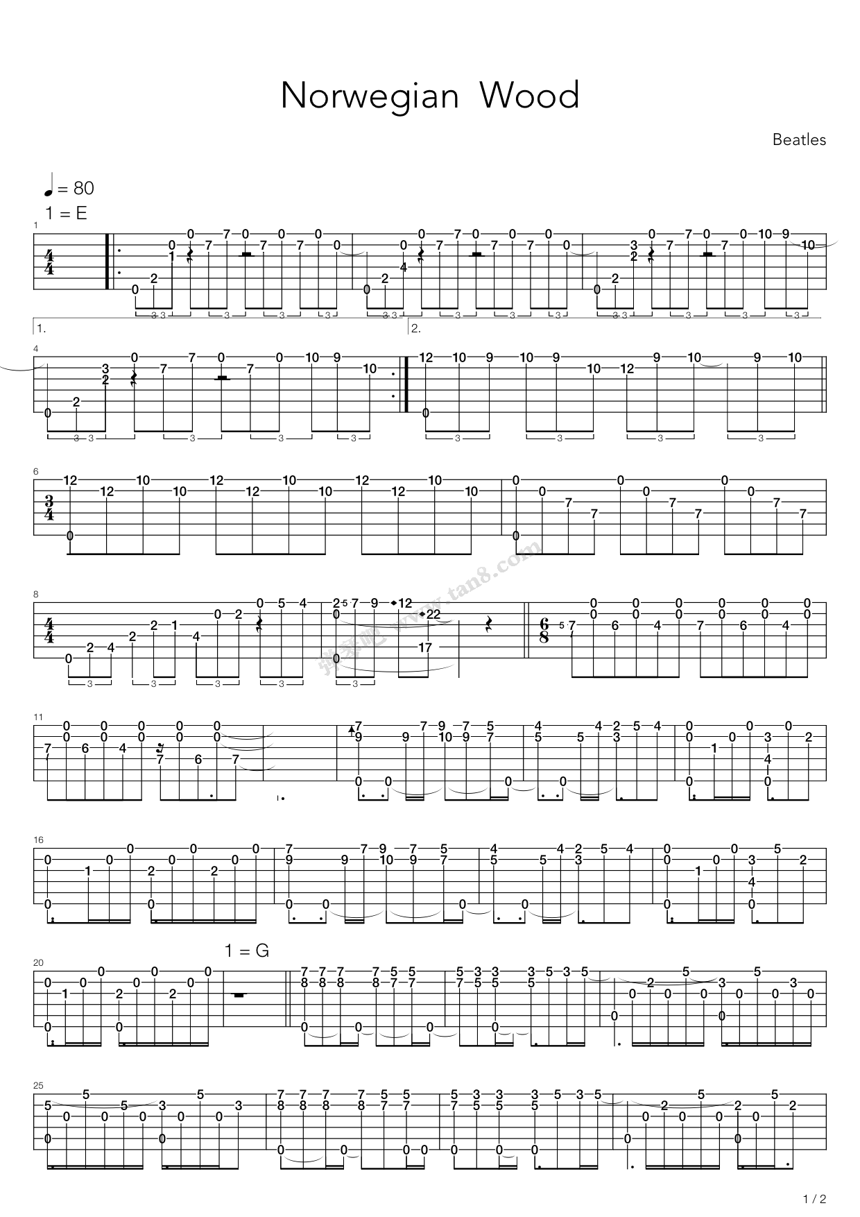 《norwegian wood(挪威森林)》,the beatles(六线谱 吉他谱吉他谱 第1