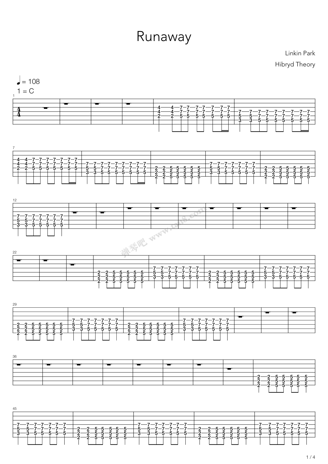 《runaway》,linkin park(六线谱 吉他谱吉他谱 第1页