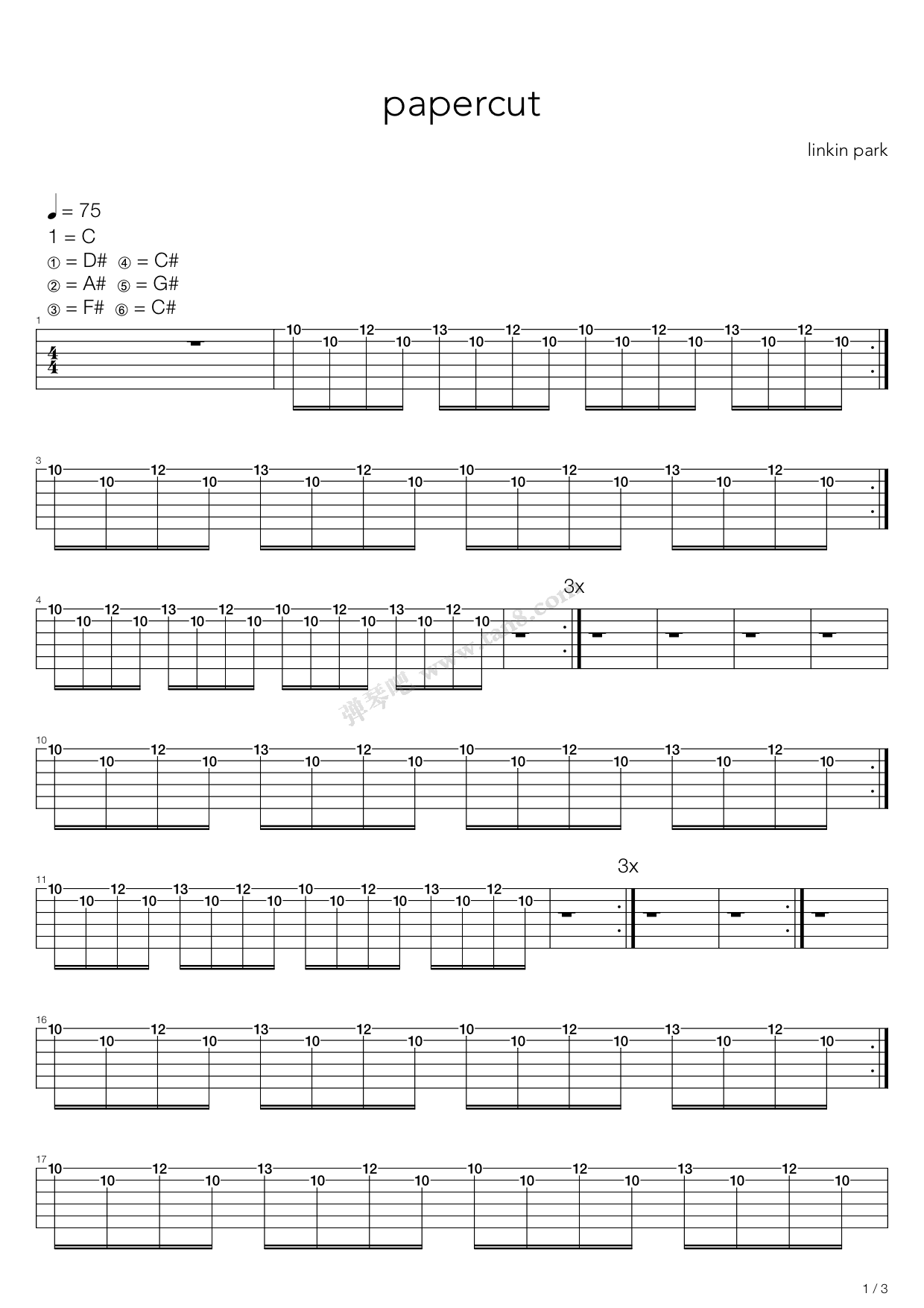 《papercut》,linkin park(六线谱 吉他谱吉他谱 第1页