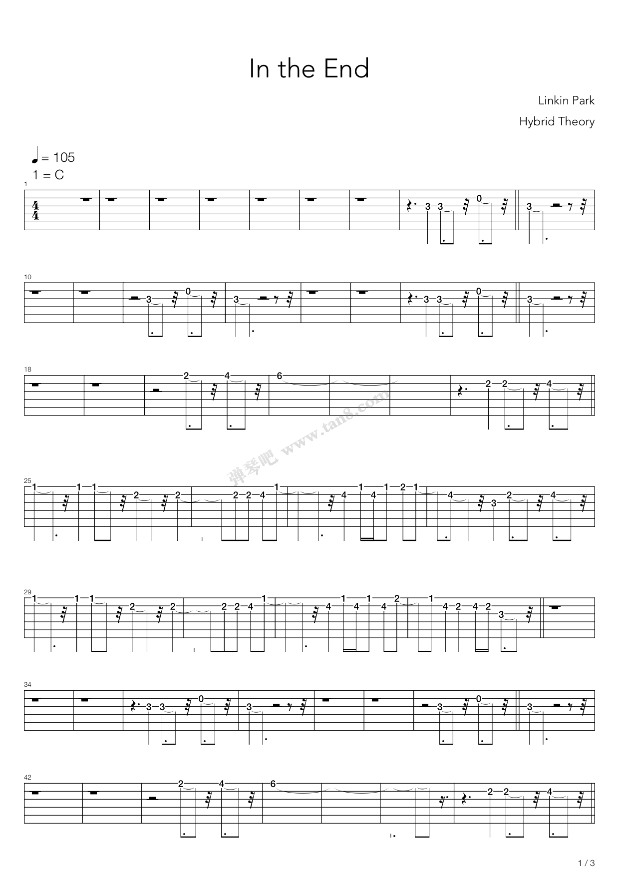 《in the end》,linkin park(六线谱 吉他谱吉他谱 第1页