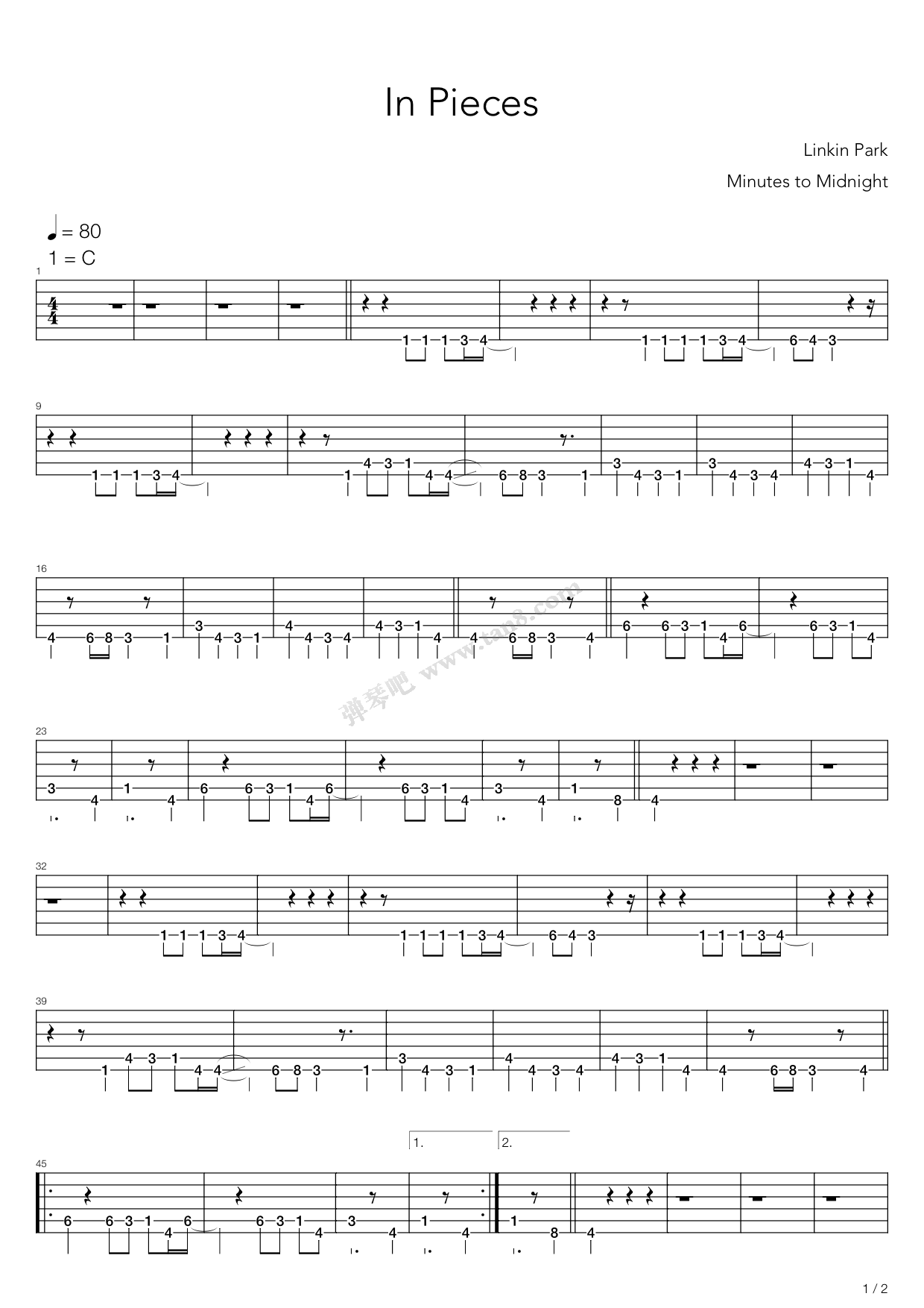 《in pieces》,linkin park(六线谱 吉他谱吉他谱 第1页