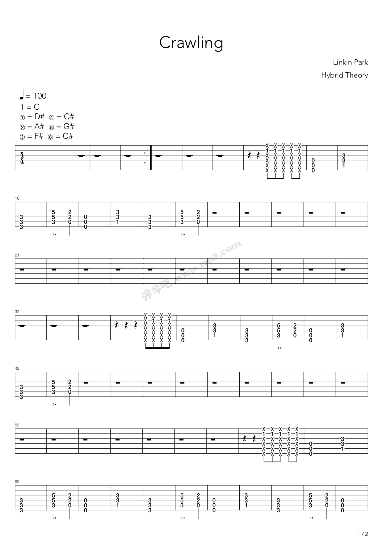《crawling》,linkin park(六线谱 吉他谱吉他谱 第1页