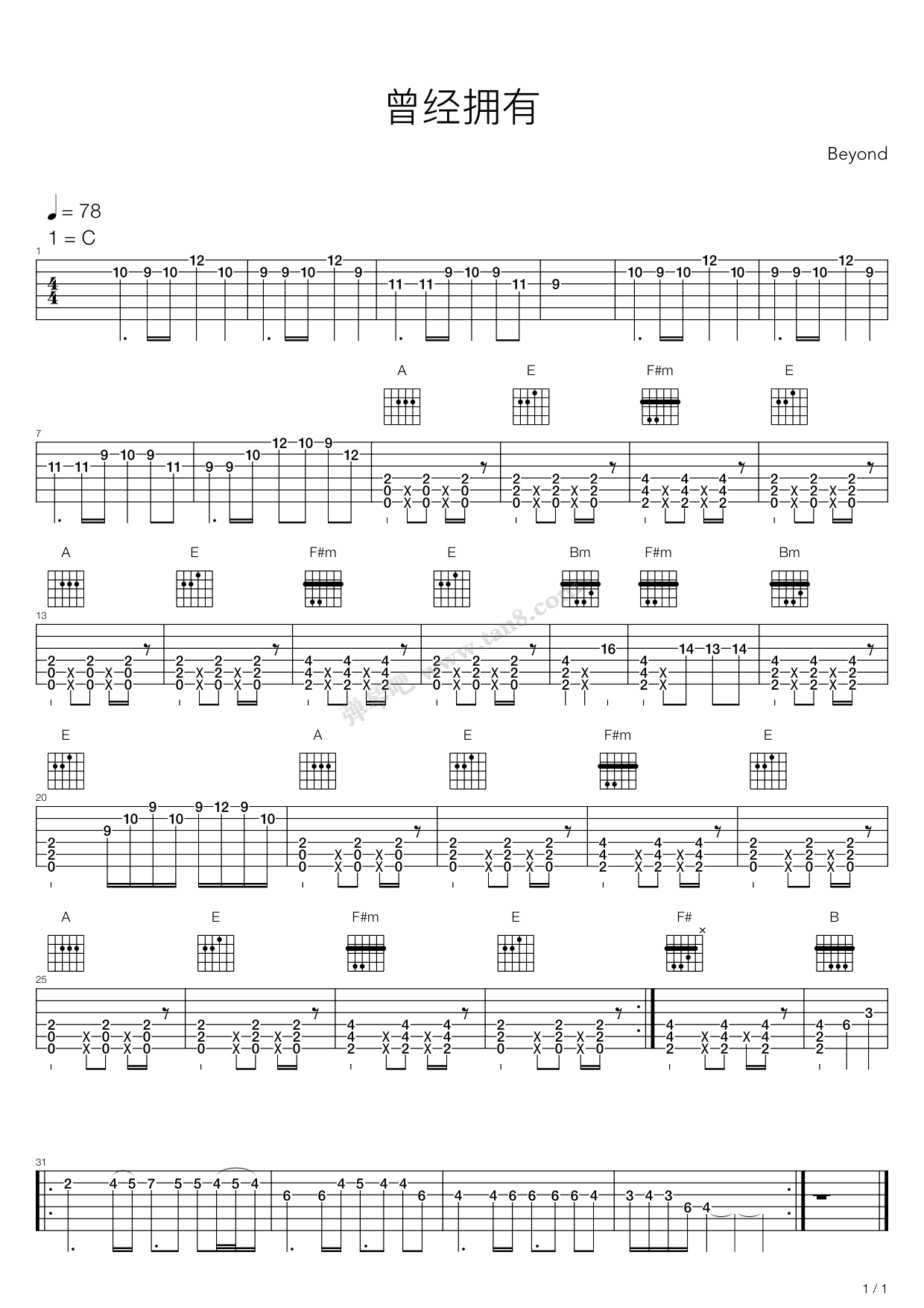 《曾是拥有》,beyond(六线谱 吉他谱吉他谱 第1页