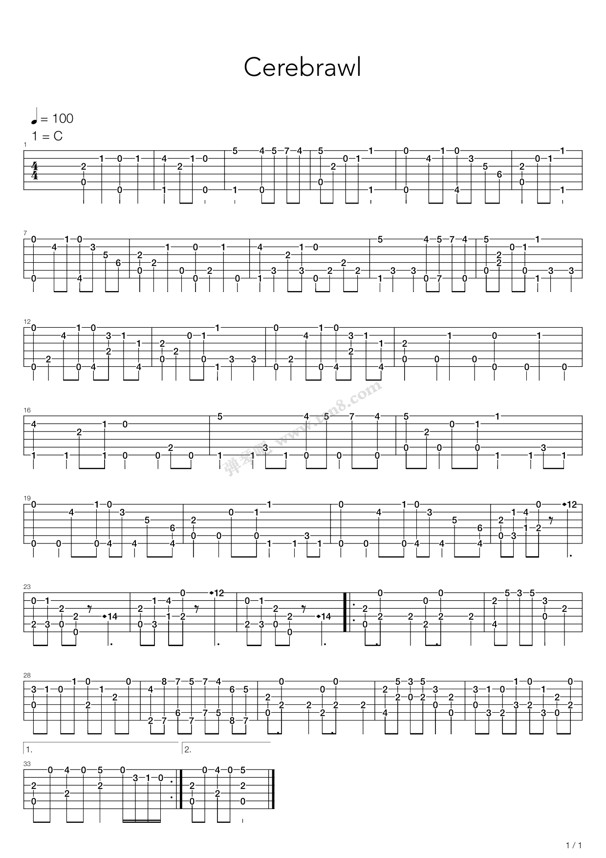 《植物大战僵尸 - cerebrawl》,动漫游戏(六线谱 吉他谱吉他谱 第1页