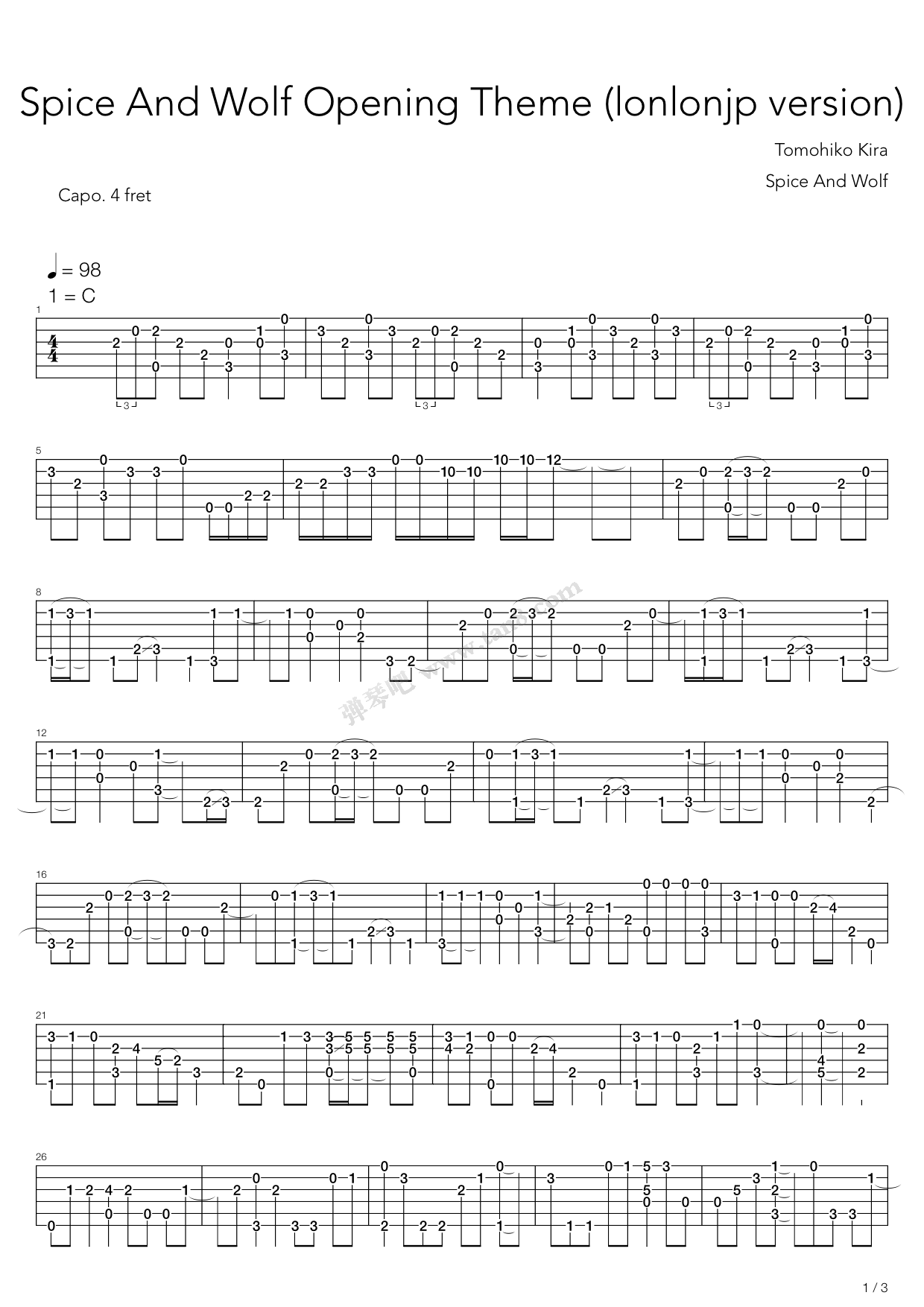《狼与香辛料 op - 旅の途中》,lonlonjp(六线谱 吉他谱吉他谱 第1页