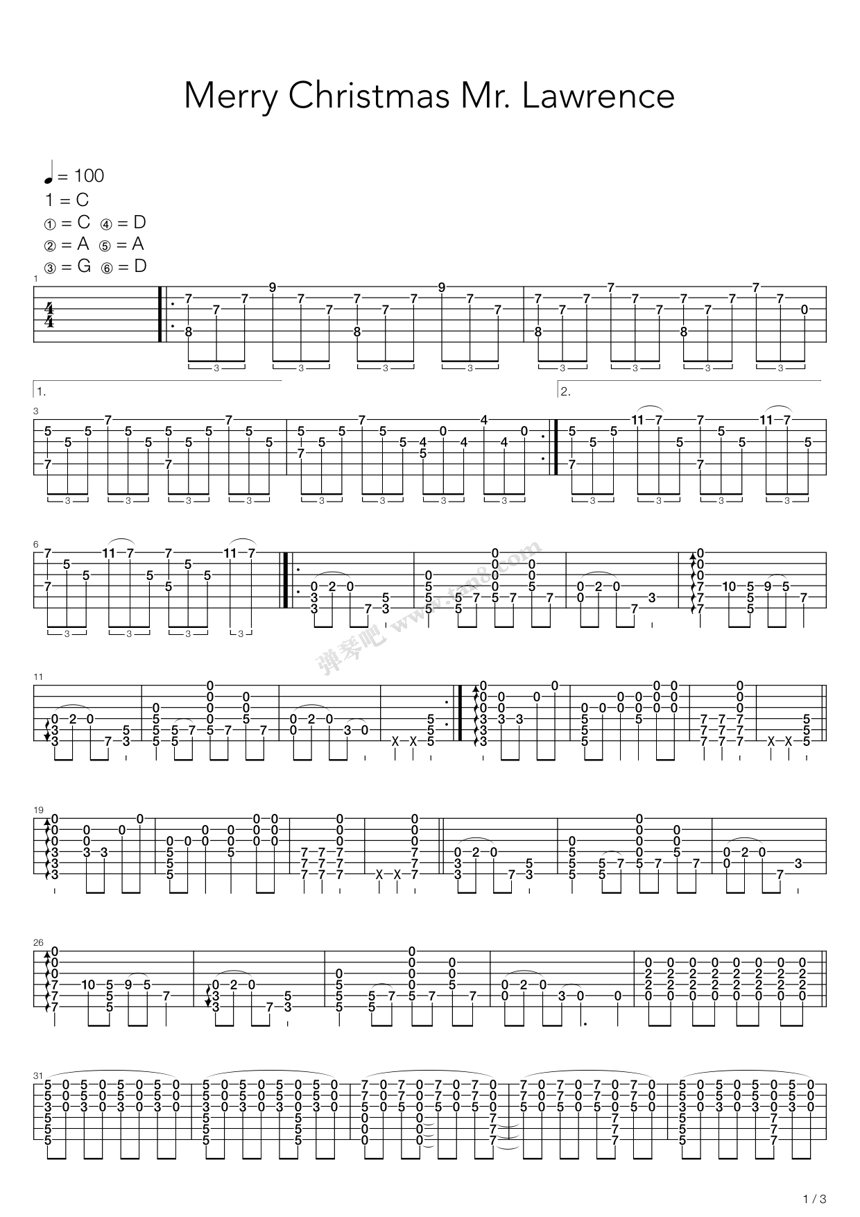 《merry christmas mr.lawrence》,押尾桑(六线谱 吉他谱吉他谱 第1页