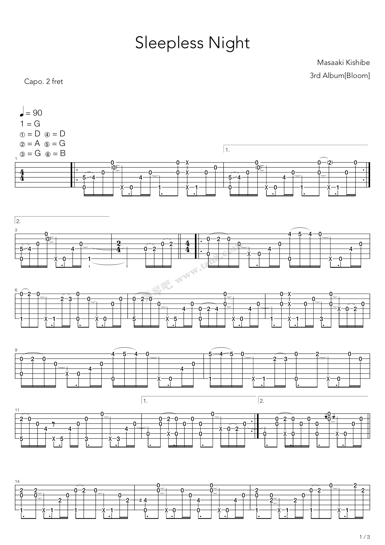 《sleepless night(失眠夜)》,岸部真明(六线谱 吉他谱吉他谱 第1页
