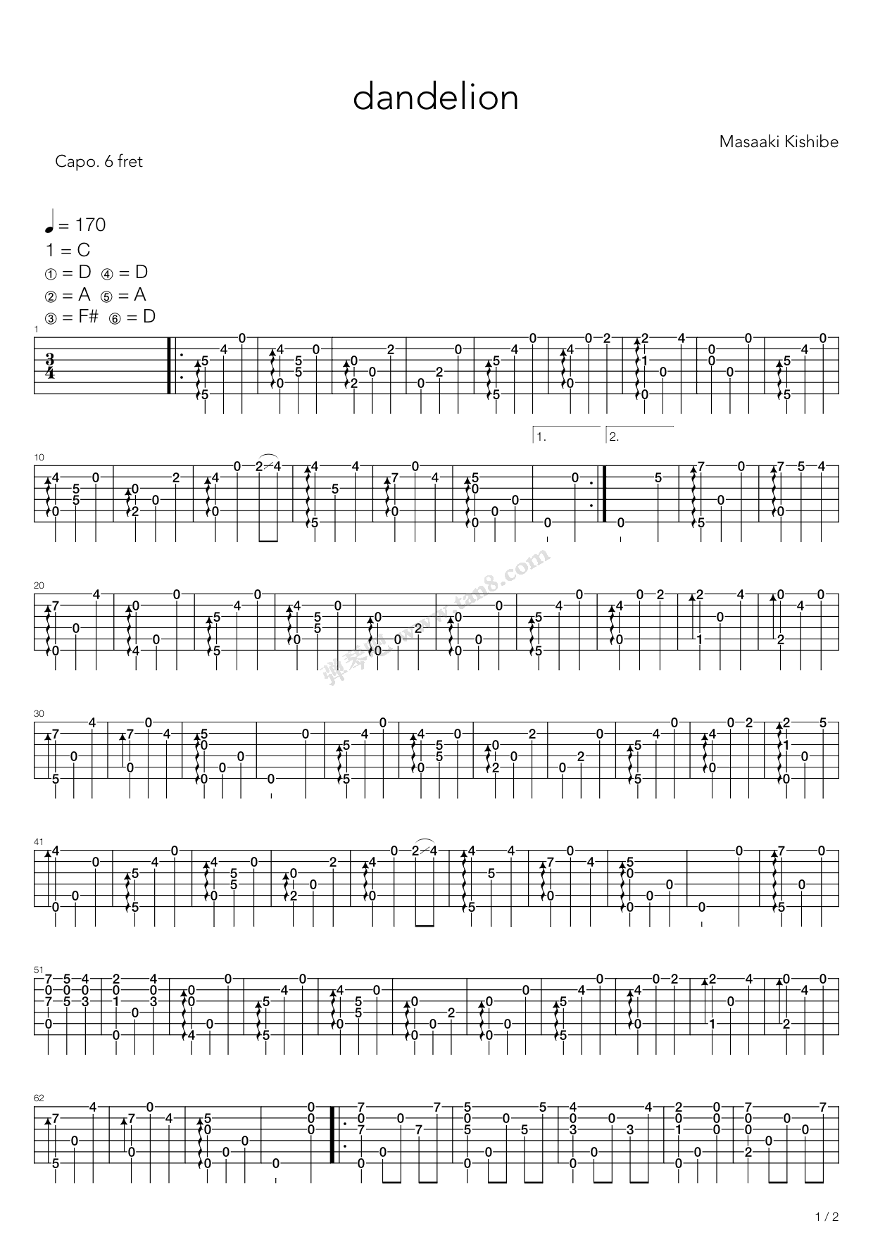 《dandelion(蒲公英)》,岸部真明(六线谱 吉他谱吉他谱 第1页
