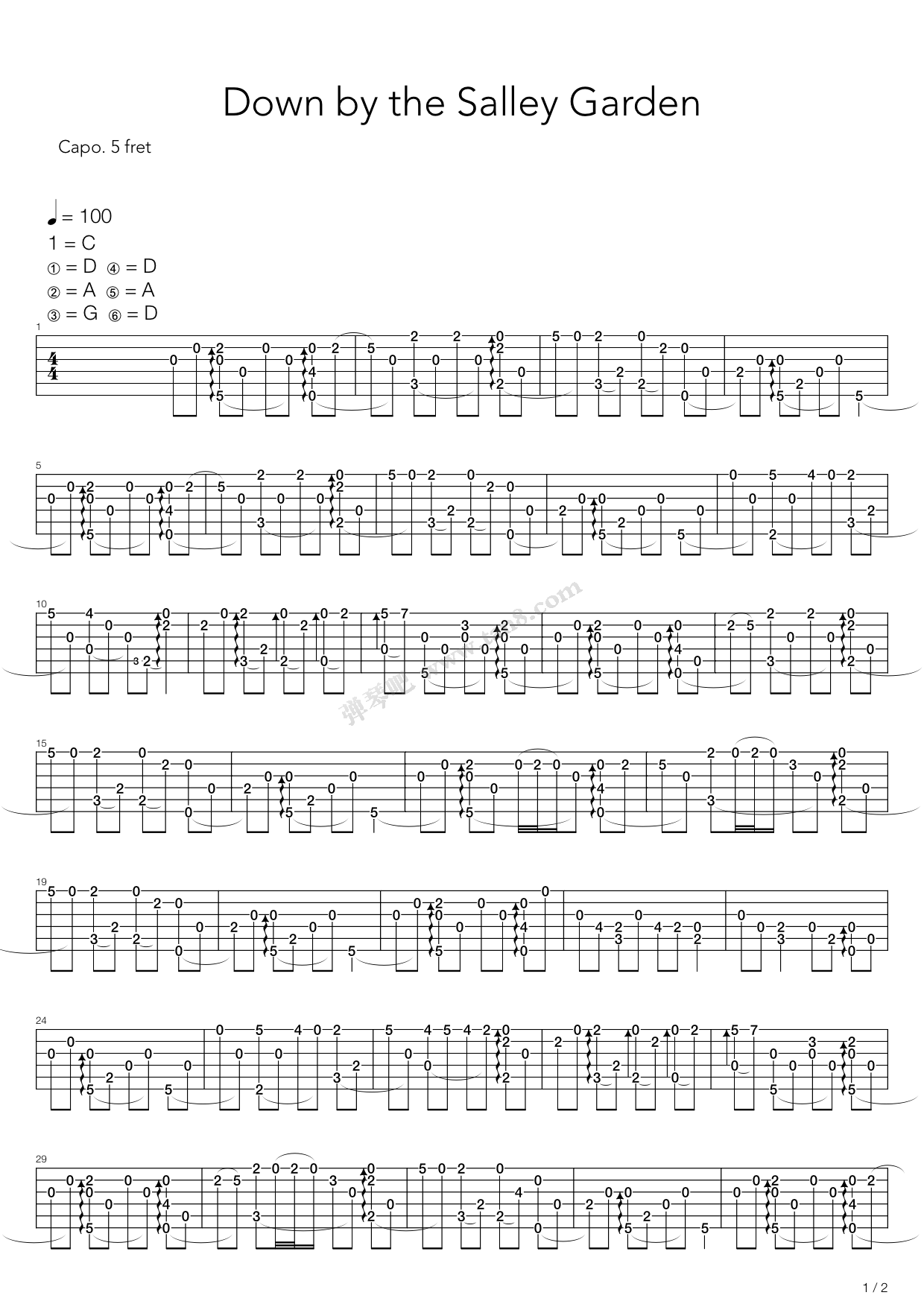 《down by the sally gardens(爱尔兰画眉)》,岸部真明(六线谱 吉他谱