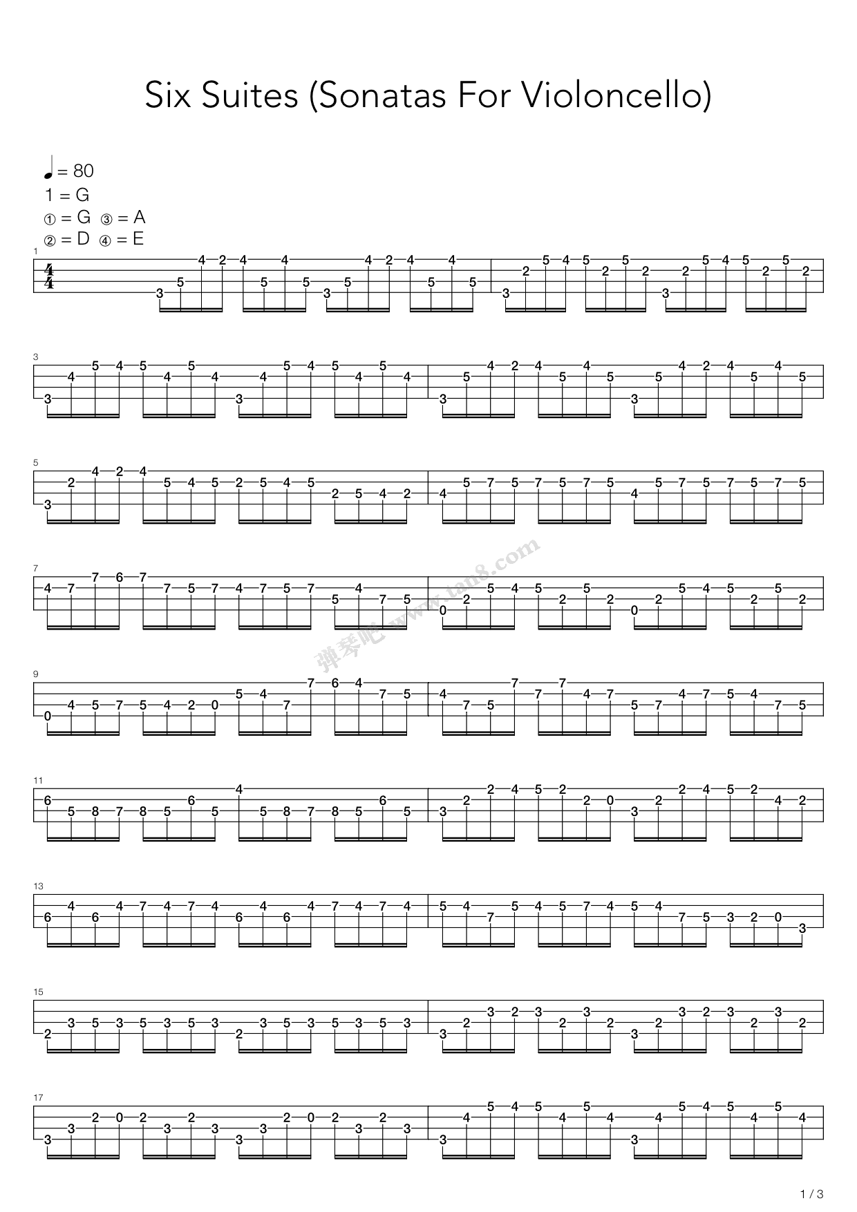 no 1 in g major bwv 1007》,johann sebastian bach(六线谱 吉他谱