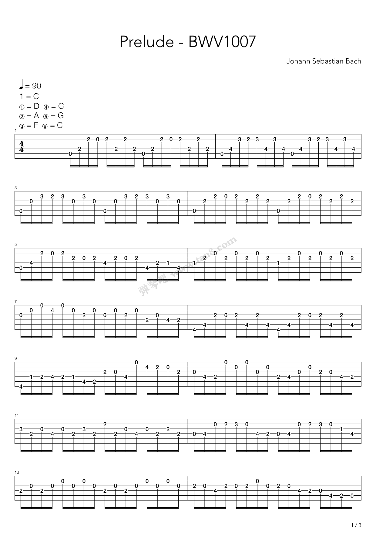 1007 cello suite prelude》,johann sebastian bach(六线谱 吉他谱